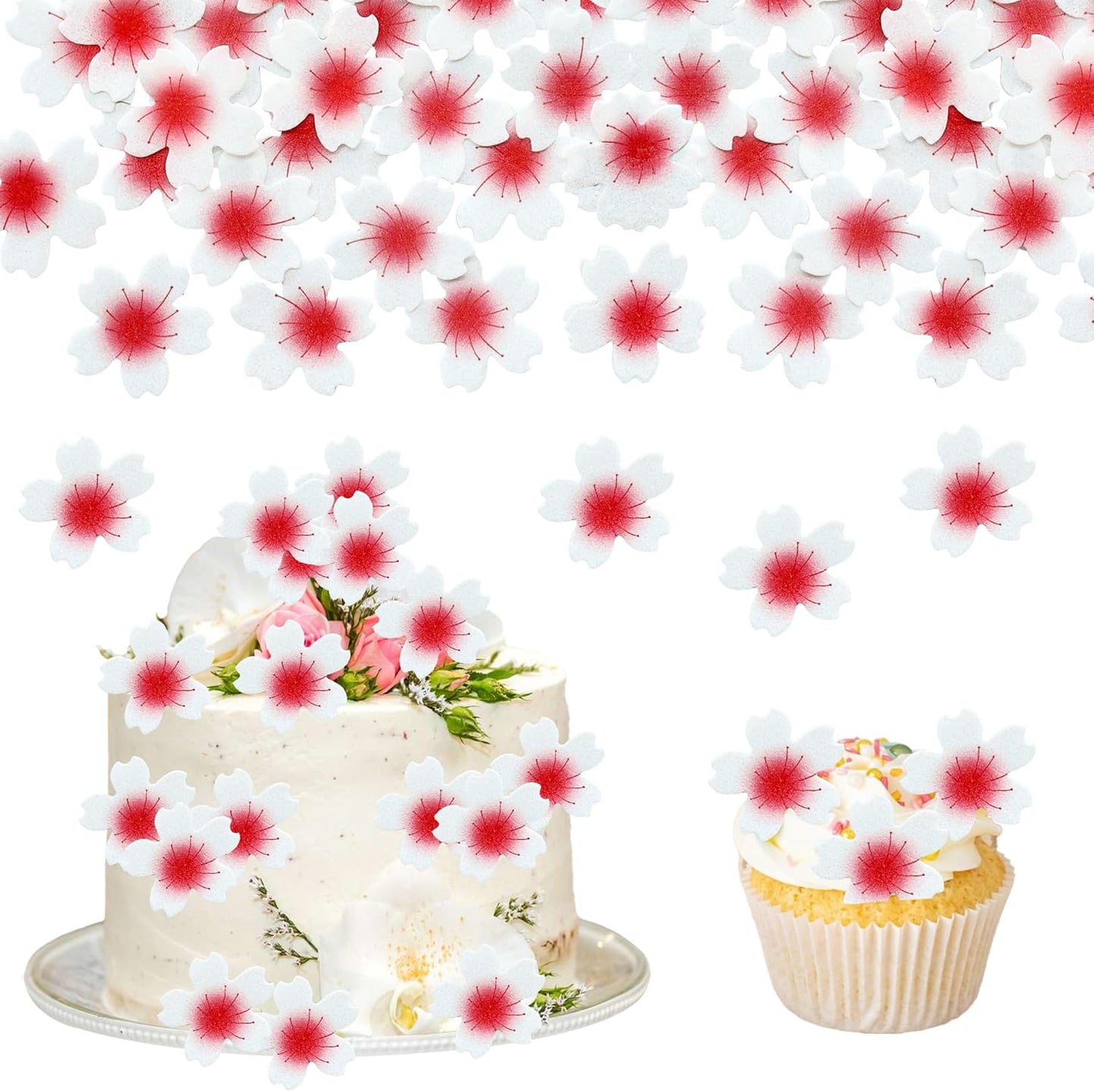 Ephlyn 100Pcs Edible Cherry Blossom Cupcake Toppers Edible Wafer Paper Flowers for Spring Bridal Engagement Baby Shower Birthday Party Cupcake Picks Anniversary Party Decorations Supplies