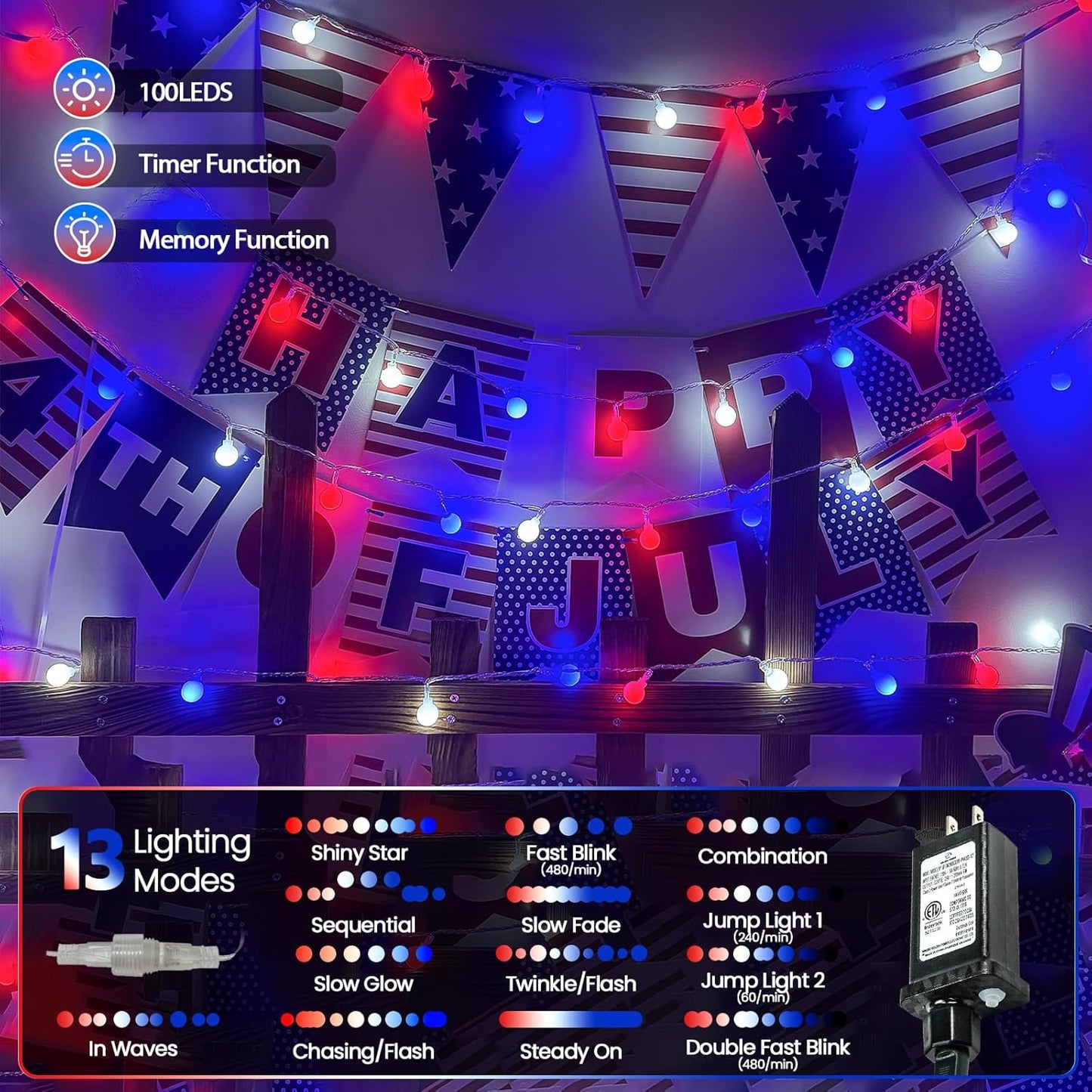 Connectable Red White and Blue String Lights Outdoor Indoor, 42FT 100LED 4th of July Decorations Plug in with Timer, 13 Modes Patriotic Globe Waterproof Fairy Lights for Independence Day Memorial Day