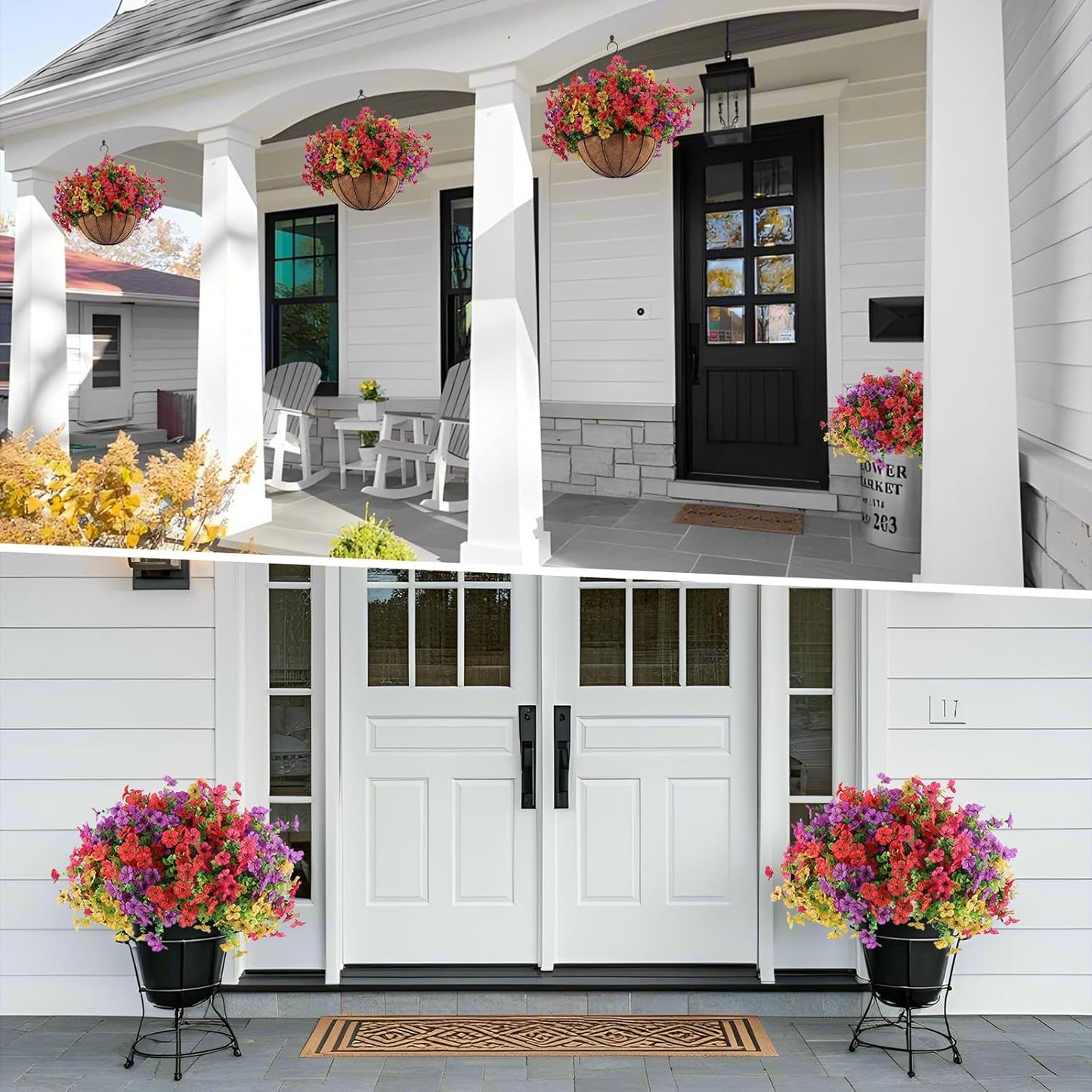 Hananona 2 Set Artificial Outdoor Flowers with Hanging Basket, 2 Hanging Planters with 24 Pcs Flowers for Spring Summer Front Porch Garden Patio Home Decor (2, Red, Purple, Yellow, Rose Red)