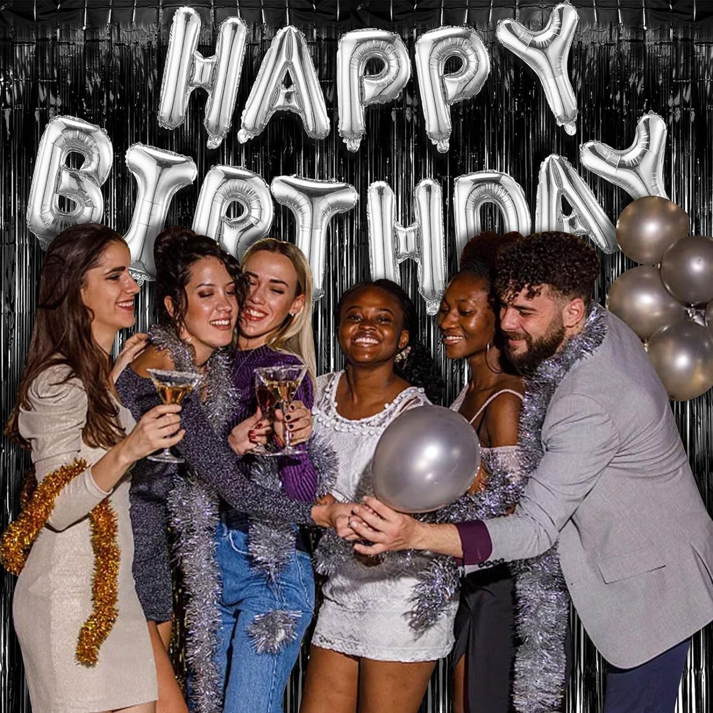 5 Pack Foil Curtain Backdrop Black Metallic Tinsel Foil Fringe Curtains Photo Booth Props for Birthday Wedding Engagement Baby Shower Bachelorette Christmas Holiday Celebration Party Decorations