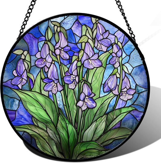 Stained Glass Suncatcher, Blue Purple Flowers Green Leaves Sun Catcher Plants Stain Glass Window Hanging Decoration Mother's Day Birthday Gifts for Women Men Mom and Nana 11.8 in