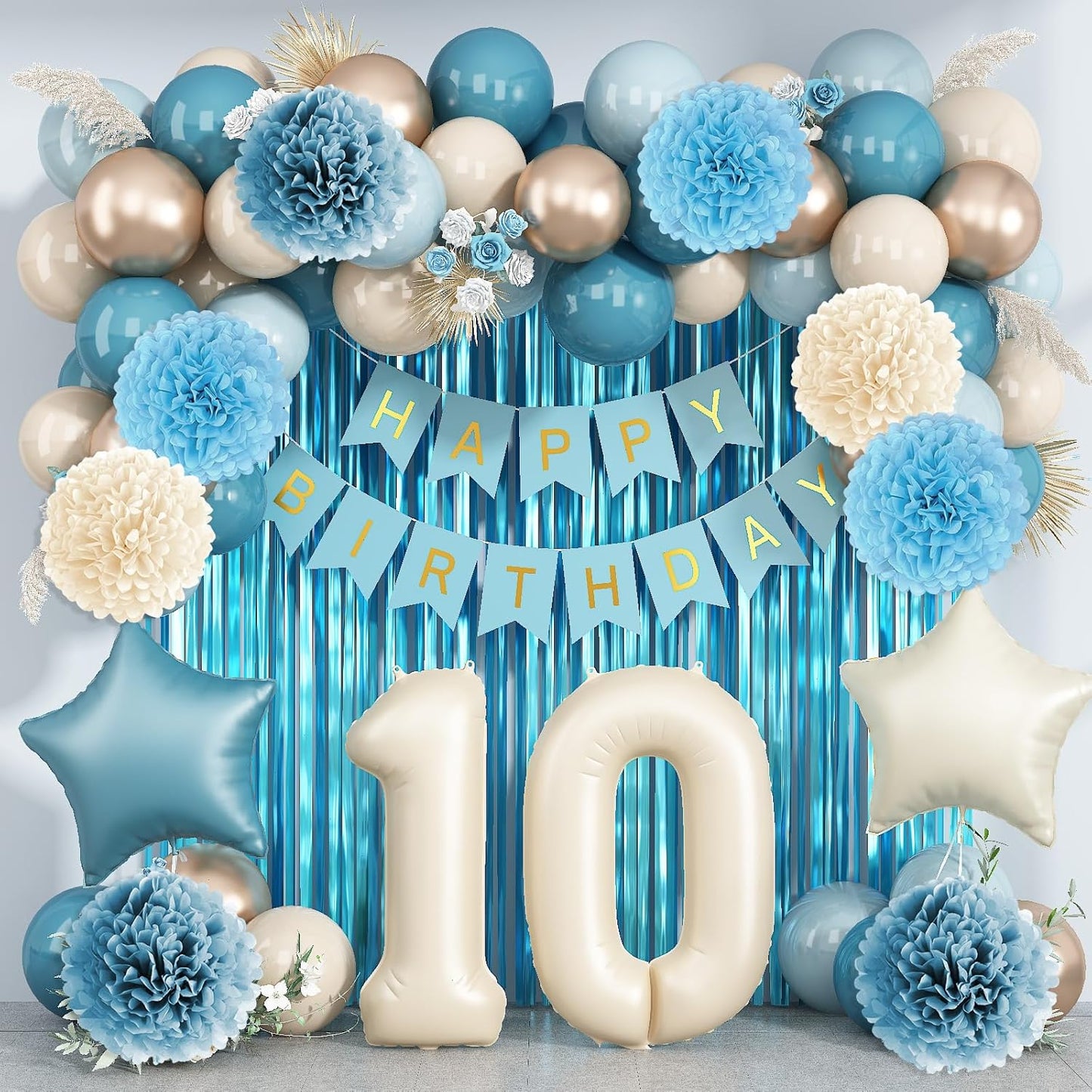 Dusty Blue 10th Birthday Party Decorations Boys Girls Beige Cream Number 10 Balloon with Blue Gold Happy Birthday Banner Fringe Curtain Paper Pom Poms Nude White Sand Champagne Star Foil Balloons