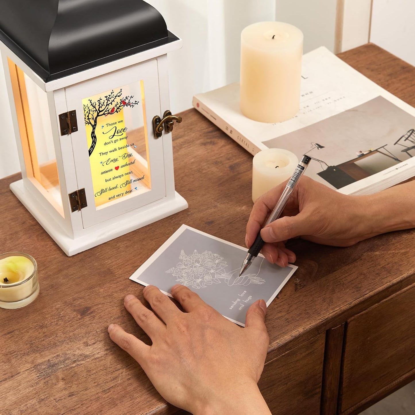 WOODEXPE Memorial Lantern Sympathy Gift for Loss of Loved One with Flickering LED Candle and Remote Control Bereavement Remembrance Memorial Gift