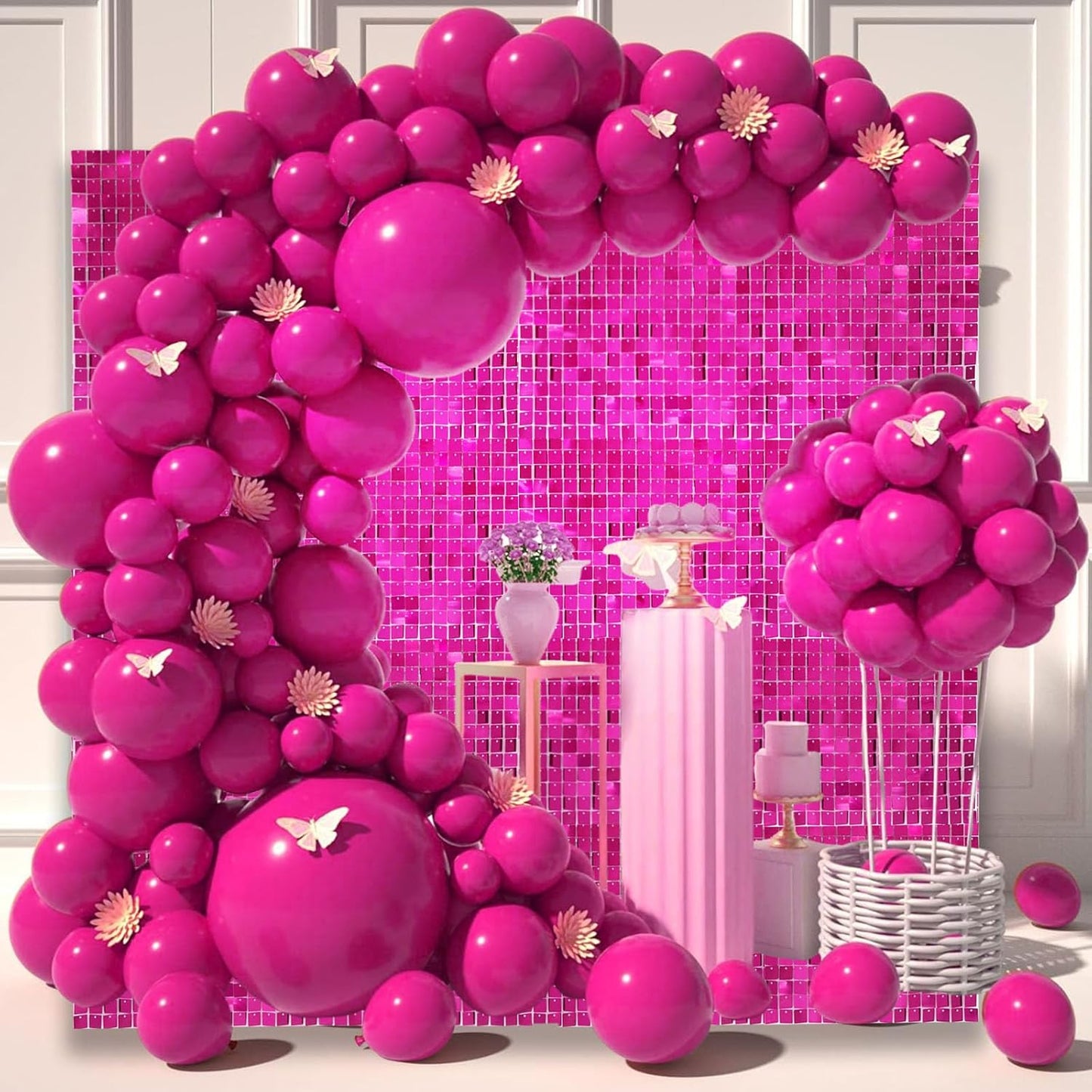 12PCS Fuchsia Shimmer Wall Backdrop, Square Sequin Photo Backdrops Panel, Glitter Wall Background for Birthdays, Weddings, Engagements, Baby Showers, Disco Bachelorette Party Decoration (3FTx4FT)