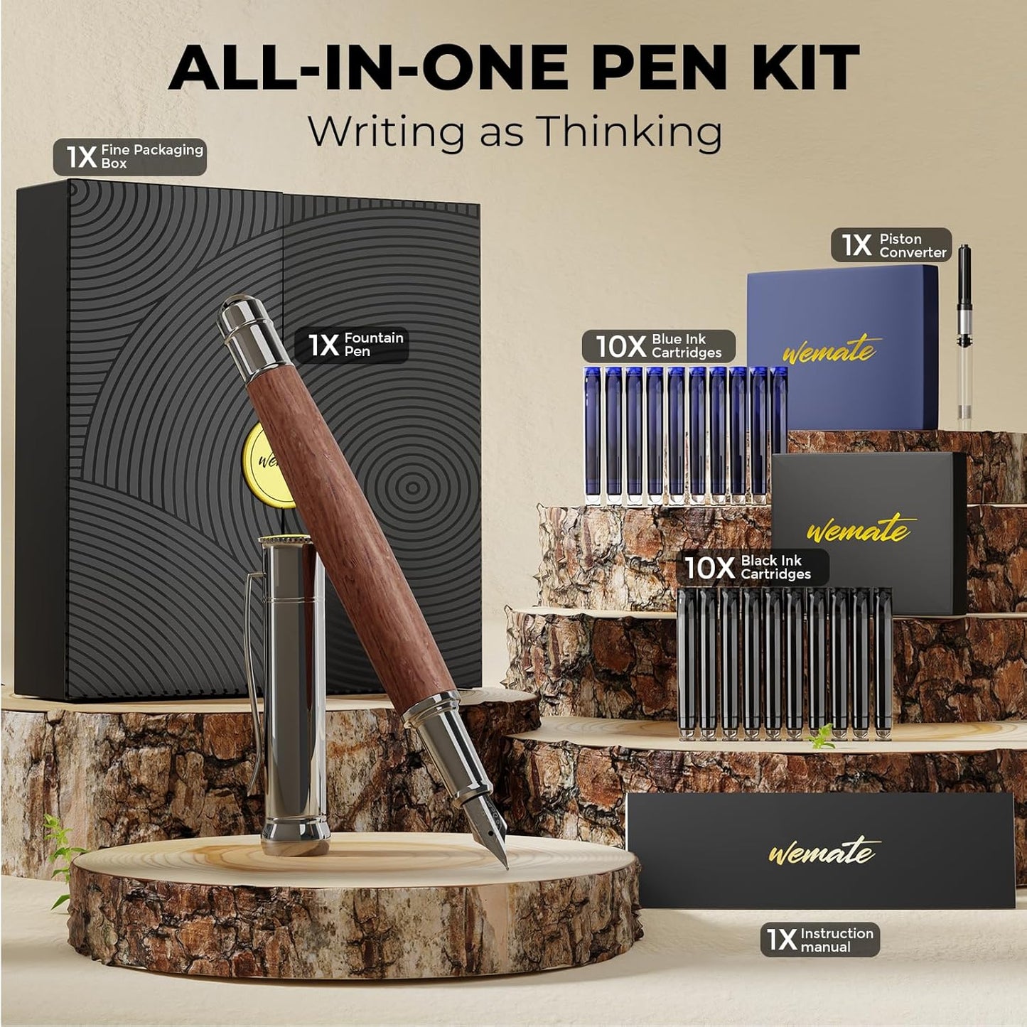 WEMATE Fountain Pen Set, Fine Nib, 20 Ink Cartridges(10 Black&10 Blue), 1 Ink Converter, Smooth Writing, No Skips, Nice Gift for Men, Women, Cool Wood Fountain Pen for Writing, Calligraphy