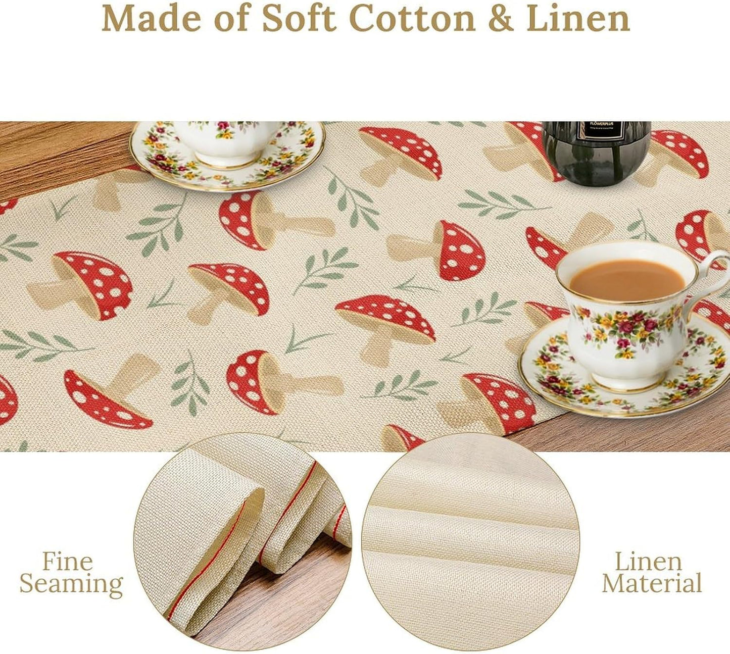 Mushroom Table Runner,Vintage Plant Print Table Runner for Kitchen Dining Table Home Party Decoration 13x108 Inch