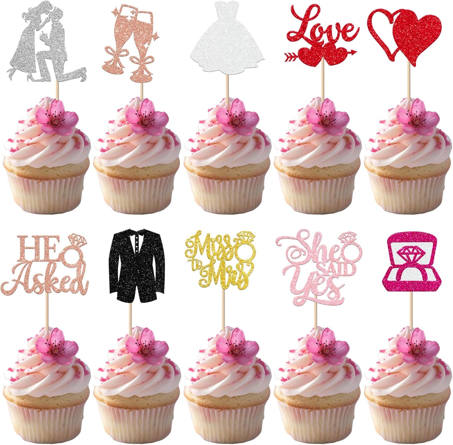 30 Pack Bride to be Cupcake Toppers Glitter Diamond Ring Love I Do Cupcake Picks Miss to Mrs He Asked She Said Yes Bridal Shower Wedding Engagement Bachelorette Cake Decorations Party Colorful