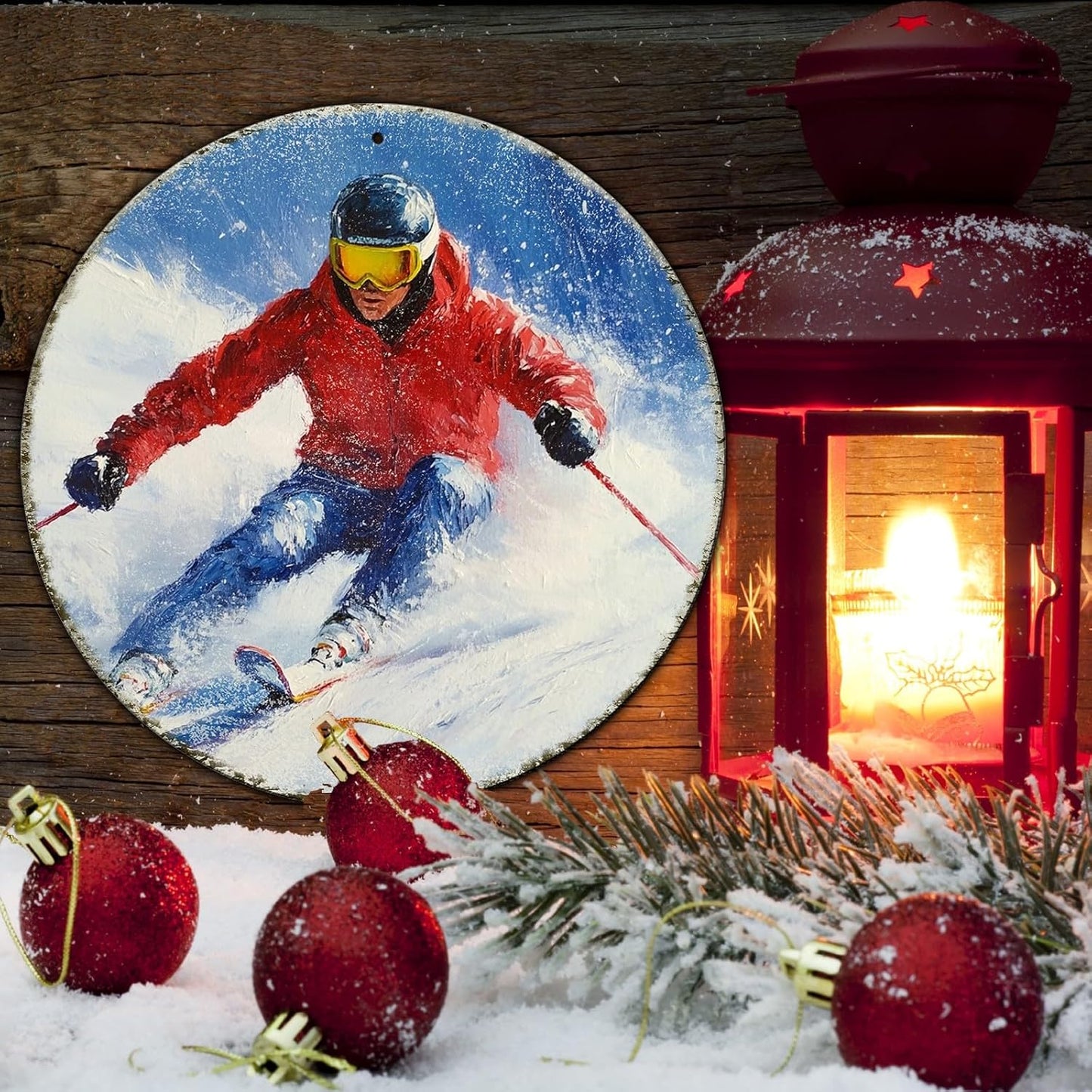 Round Ski Vintage Metal Sign Skiing Sign, Office Sign Home Décor Ski Lodge Décor Cabin Tin Sign 12 * 12 in