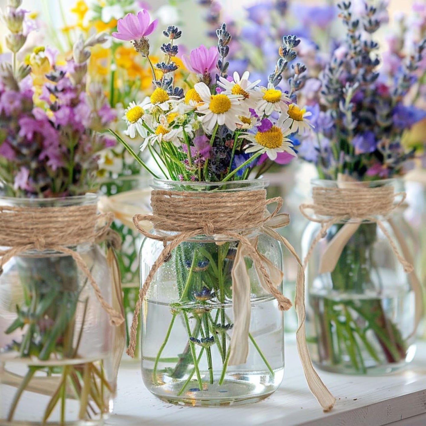 Vintage Glass Flower Vase，24 Pack Farmhouse Transparent White Glass Centerpiece Vases Mason Jars for Weddings, Parties & Home Decor Bulk (24, Transparent)