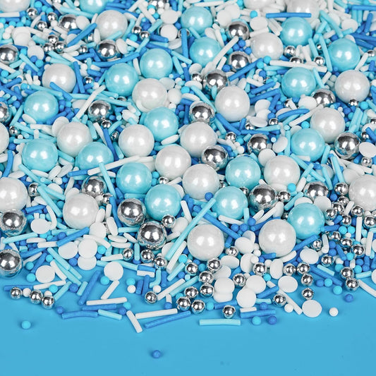 Edible Blue Silver White Sprinkles,Winter Jimmies Pearls Mix,130g/4.58oz,Perfect for Cake Decorations,Cake and Cupcake Sprinkles with Assorted Shapes and Sizes for Parties Baking, Ice Cream, Cookies, Cupcake Topper