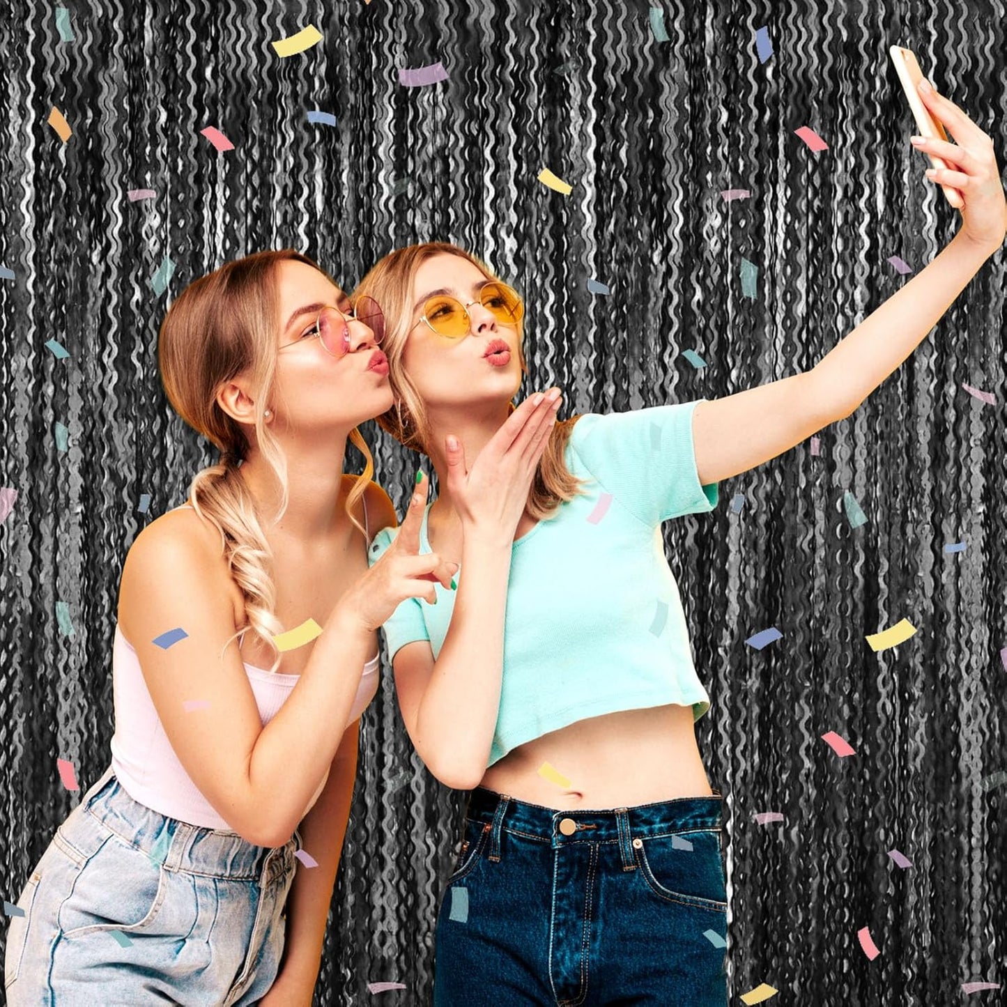 4 Pack Black Wave Foil Fringe Curtain Backdrop, 3.28Ft x 8.2Ft Metallic Tinsel Foil Fringe Streamer Curtains for Photo Booth, Mother's Day, Easter, Birthday, Wedding Party Decoration