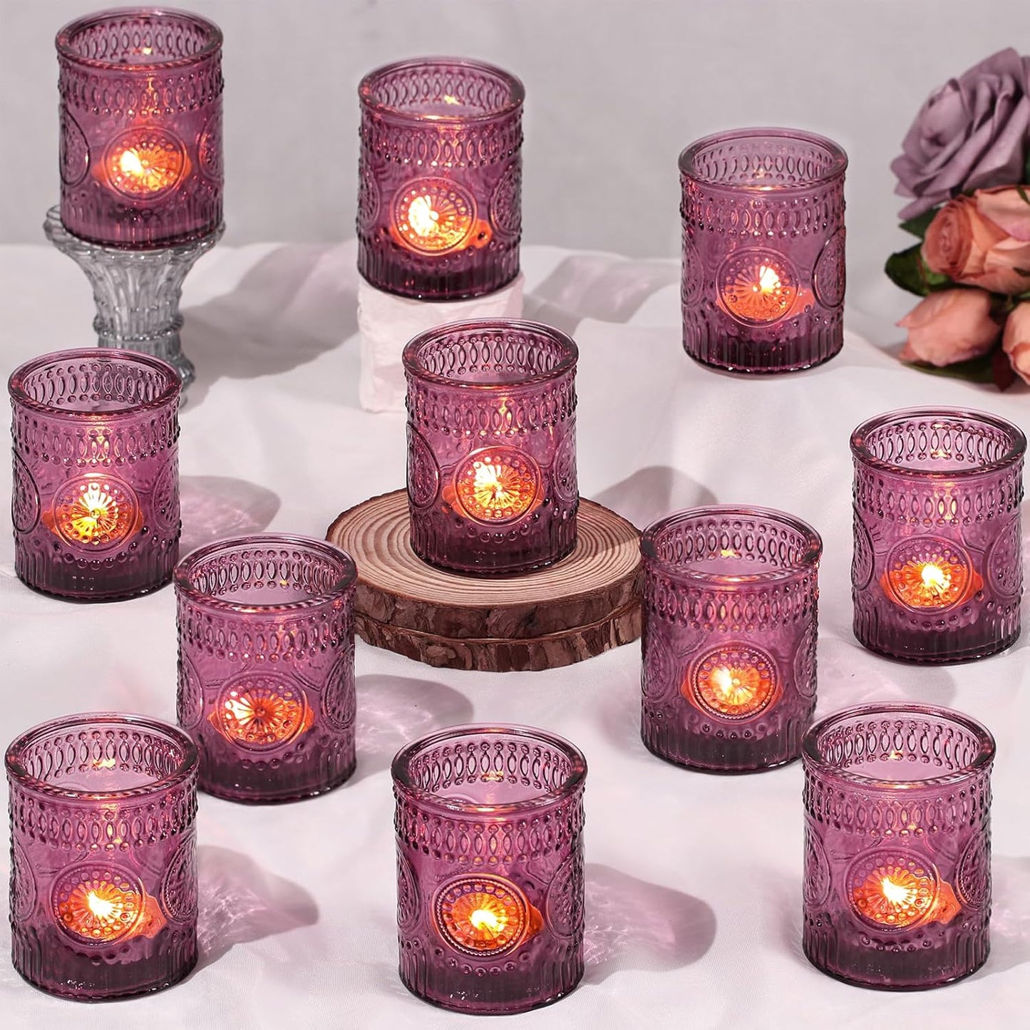 DARJEN Purple Votive Candle Holders Set of 36- Glass Tea Light Candles for Purple Candles, Embossed Candle Votives for Wedding Table Centerpiece, Party & Home Decor