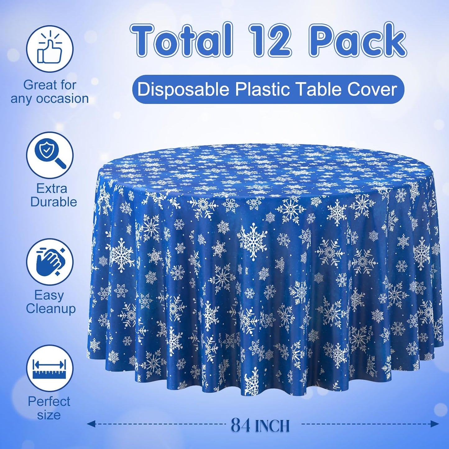Jectivs 12 Pieces Christmas Snowflake Plastic Party Tablecloth Decorations,Disposable White Snowflake Blue Xmas Round Table Cover Backdrop for Winter Christmas Holiday Party Supplies,84 inch (Blue)