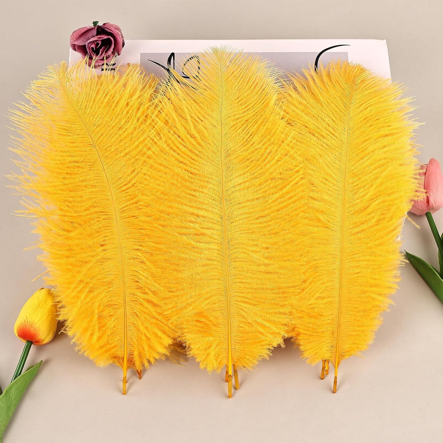 THARAHT Golden Yellow Ostrich Feathers 24pcs Natural Bulk 8-10Inch 20cm-25cm for Crafts Wedding Party Centerpieces Halloween and Home Decoration Feathers