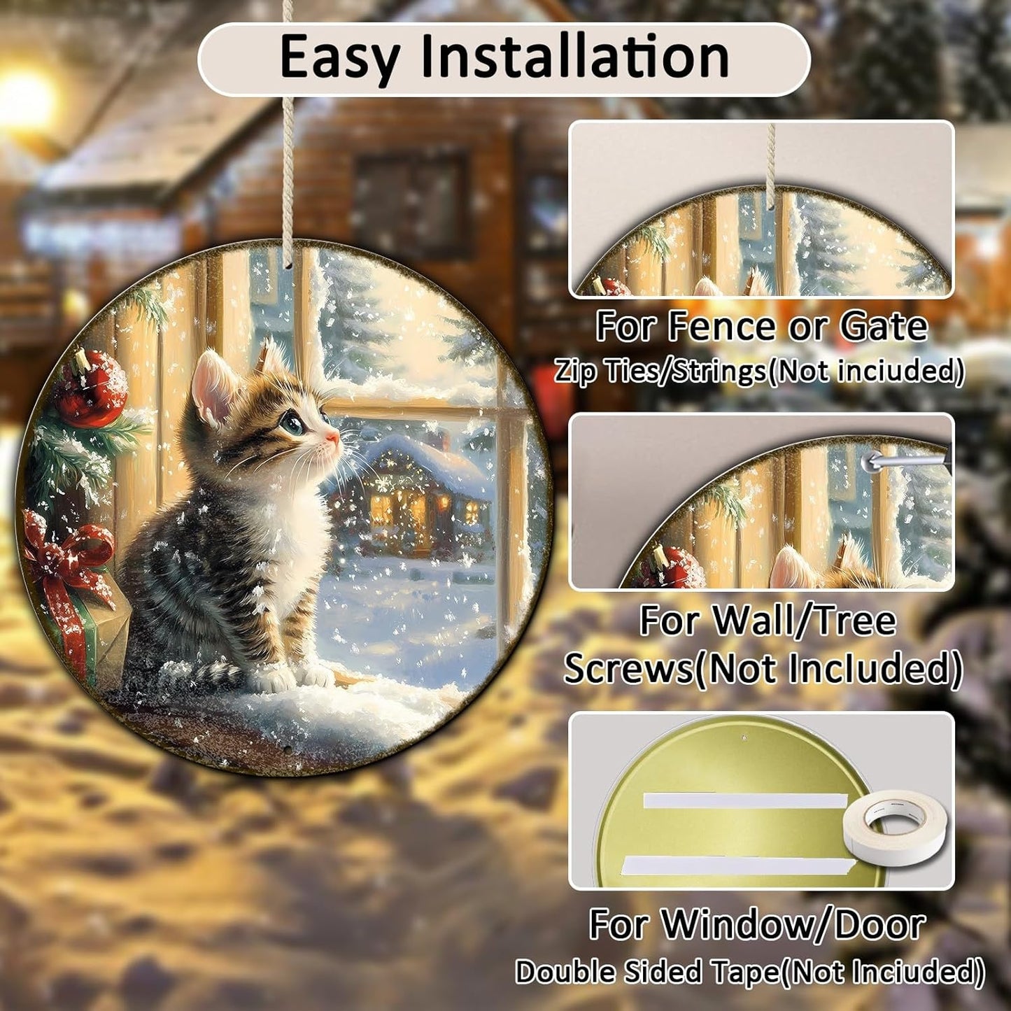 Round Christmas Sign Cats Vintage Metal Sign Christmas Kitten Retro Tin Sign Wall Decor for Home Office Bar Club Man Cave 12 * 12 in