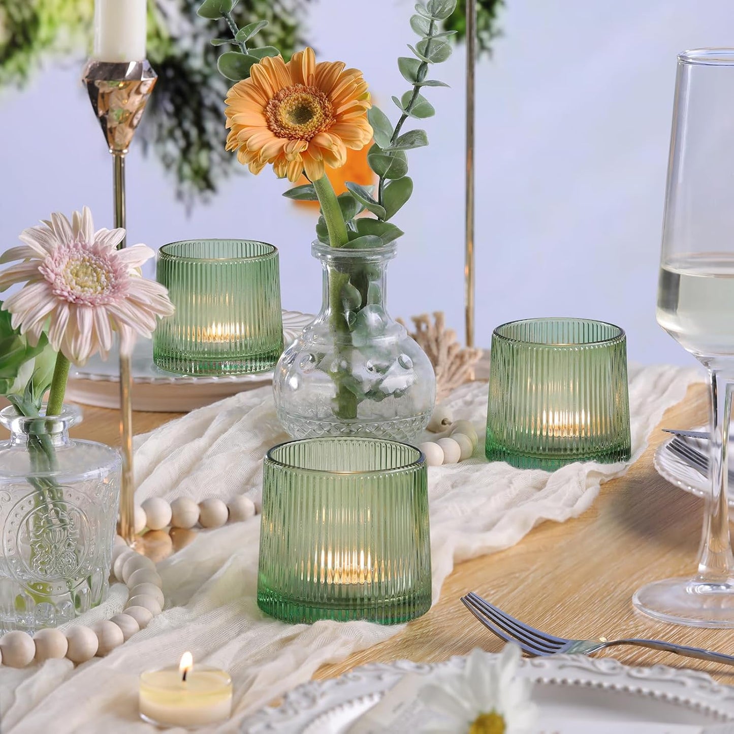 DARJEN Green Ribbed Tealight Votive Candle Holders Set of 10- Votive Candle Holders for Table Centerpiece, Tea Light Candle Holder Glass for Wedding and Home Decor, Green Decor and Gifts