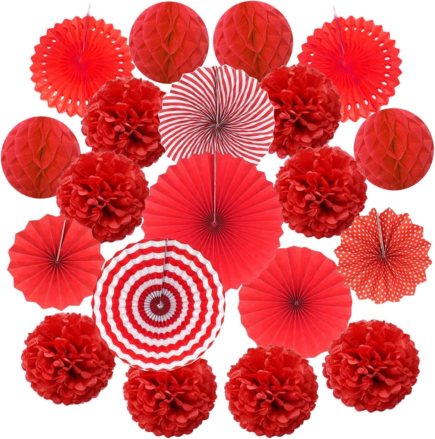 Hanging Paper Fan Set, Tissue Paper Pom Poms Flower Fan and Honeycomb Balls for Birthday Baby Shower Wedding Festival Decorations - Red