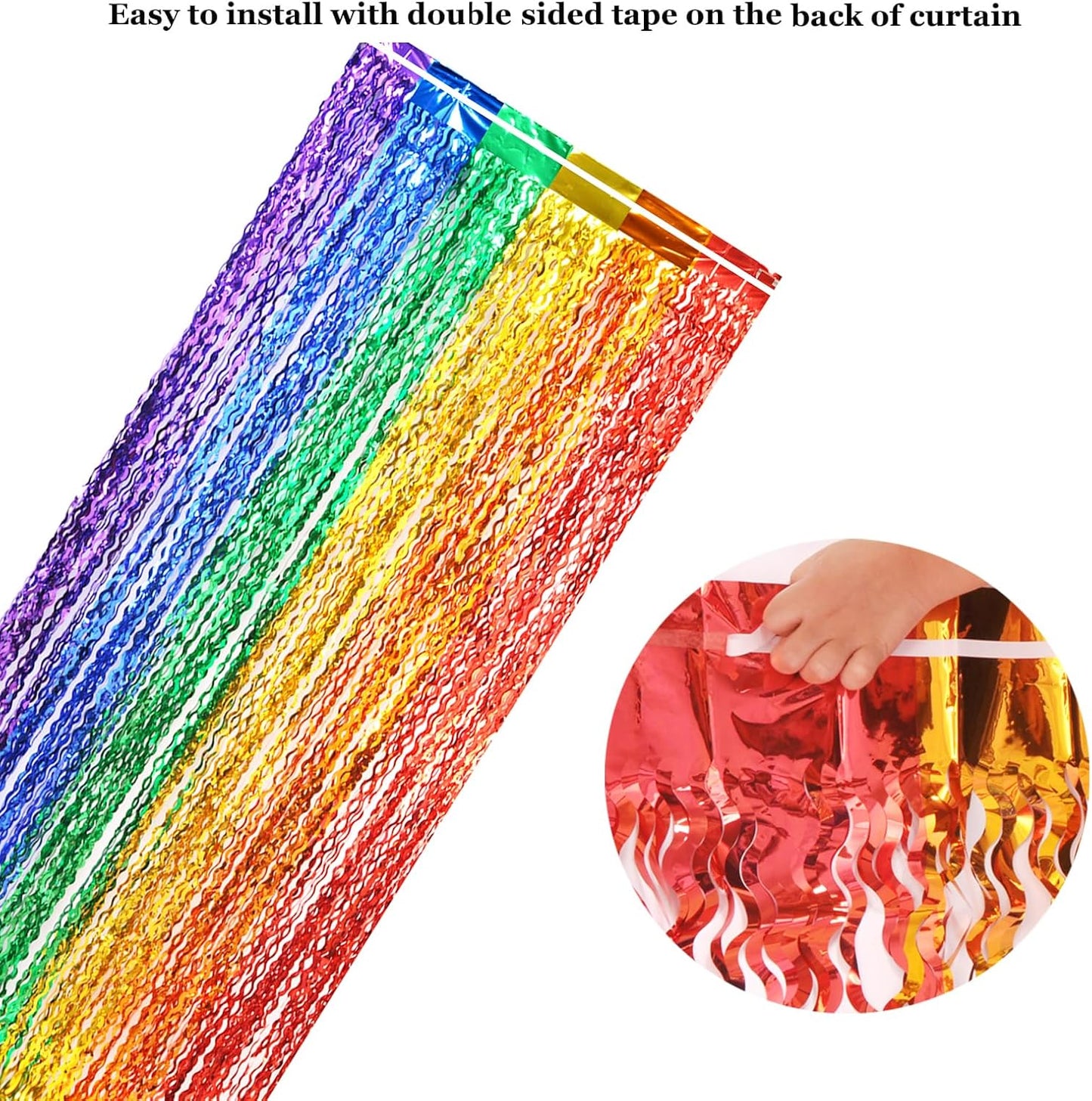 4 Pack Wavy Rainbow Foil Fringe Curtains - Colorful Party Decorations 3.3x6.6ft Tinsel Metallic Streamers Holiday Photo Booth Props Backdrop for Birthday Wedding Engagement