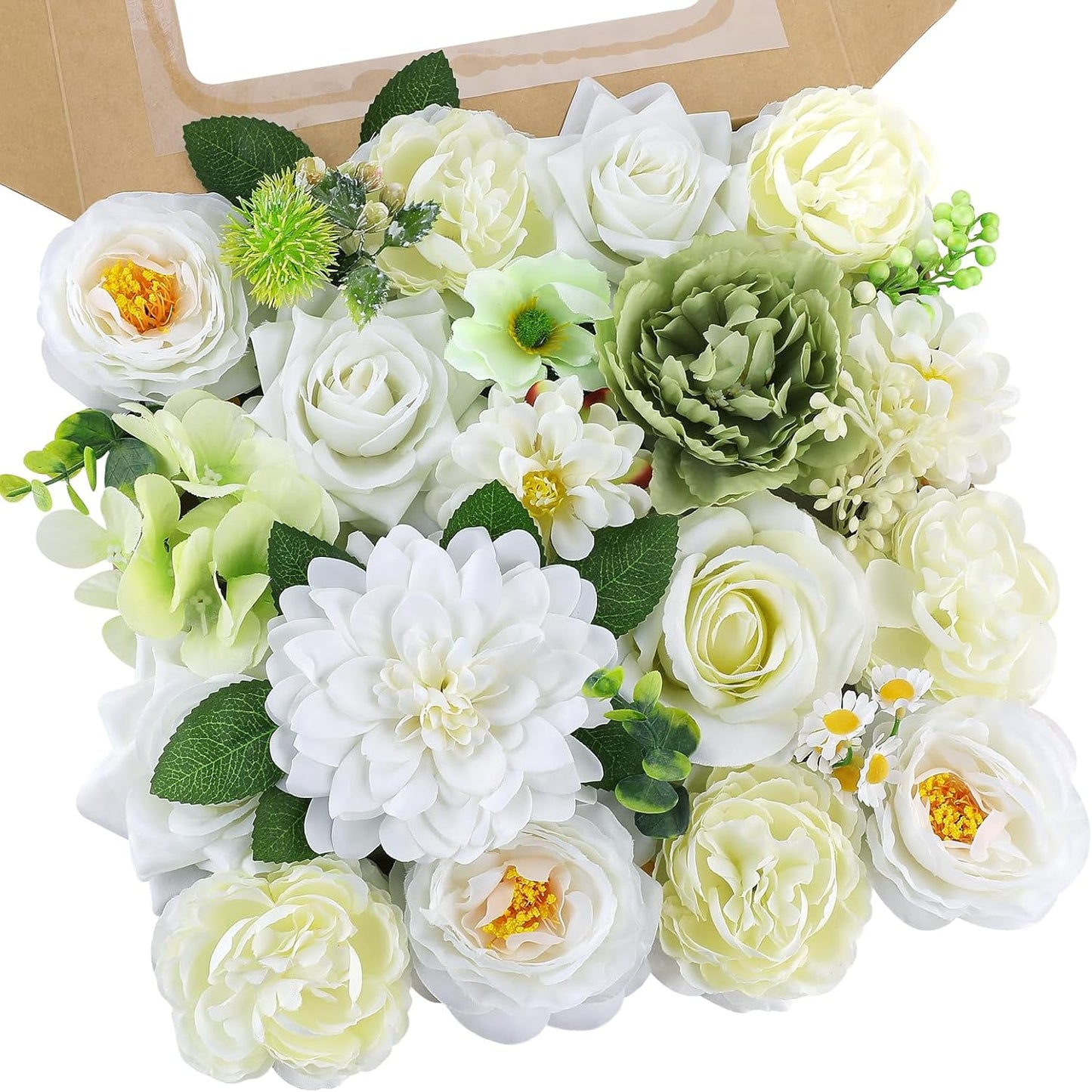 AmyHomie Green White Artificial Flowers Combo Silk Mix Peony Rose Fake Flowers w/Stem for DIY Wedding Bouquets Centerpieces Arrangements Table Fall Decor Party Bridal Baby Shower Home Decorations