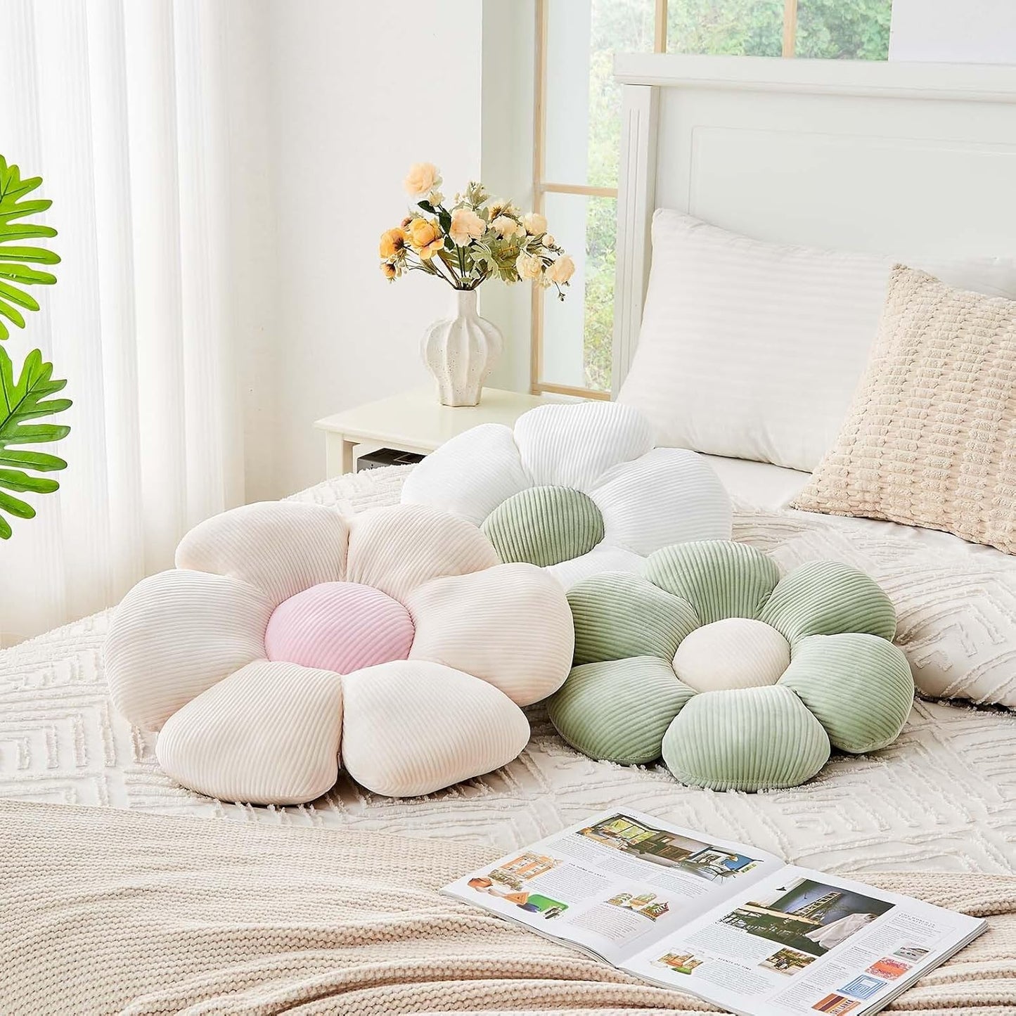 Beige Flower Pillow, 14.9" Cute Flower Shaped Floor Pillow, Aesthetic Floral Plush Daisy Decorative Throw Pillows for Bed Sofa Couch