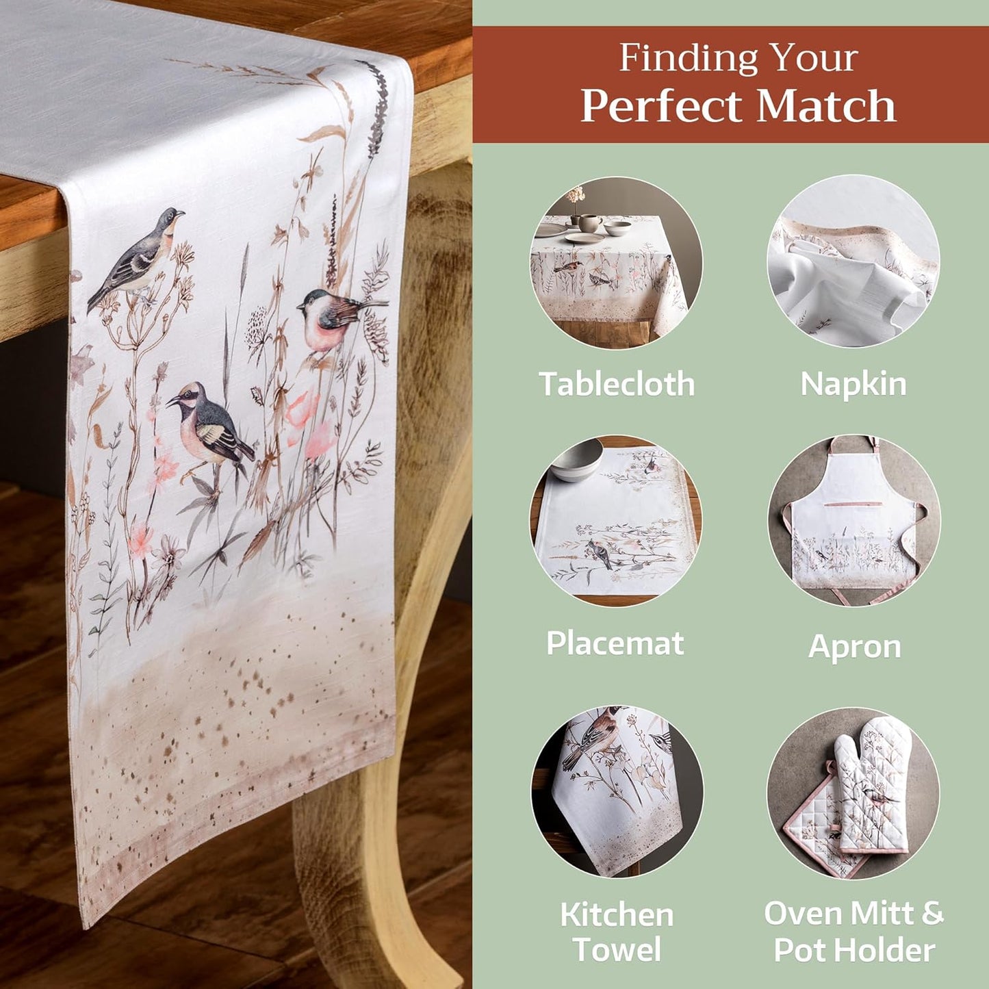 Maison d' Hermine Table Runner 100% Cotton Single Layer Table Runners 108 inches Long Decorative for Home Dining Party Wedding Bridal Shower Spring Summer (Meadow Florals - Brown, 14.50" x 108")