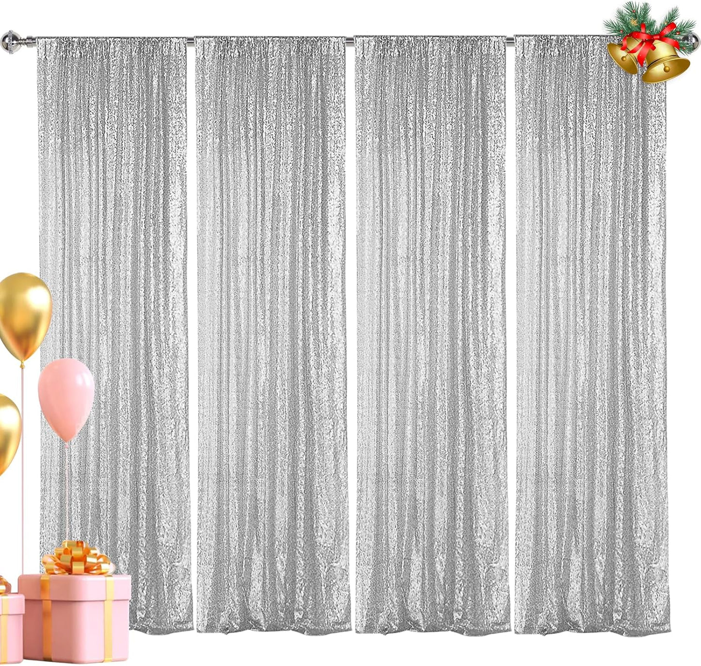 Hahuho Silver Sequin Backdrop Curtain, 4PCS 2FTx8FT Glitter Backdrop Curtain for Parties, Christmas, Wedding, Party Decoration（4 Panels, 2FT x 8FT, Silver