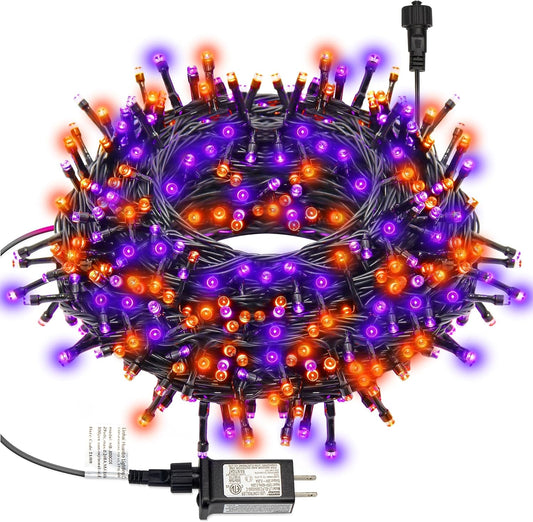 300 LED Halloween String Lights, 98.5FT with 8 Modes, Waterproof, Plug in for Indoor/Outdoor Party Decorations (Purple & Orange)