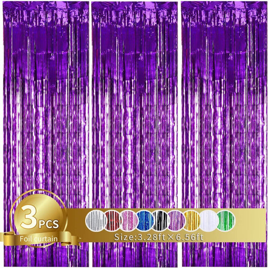 TONIFUL 3Pcs Purple Door Streamers,Purple Photo Booth Backdrop,Metallic Streamers Foil Fringe Curtains for Halloween Birthday,Christmas,New Year,St. Patrick's Day Party Decor(9.9ft x 6.6ft)