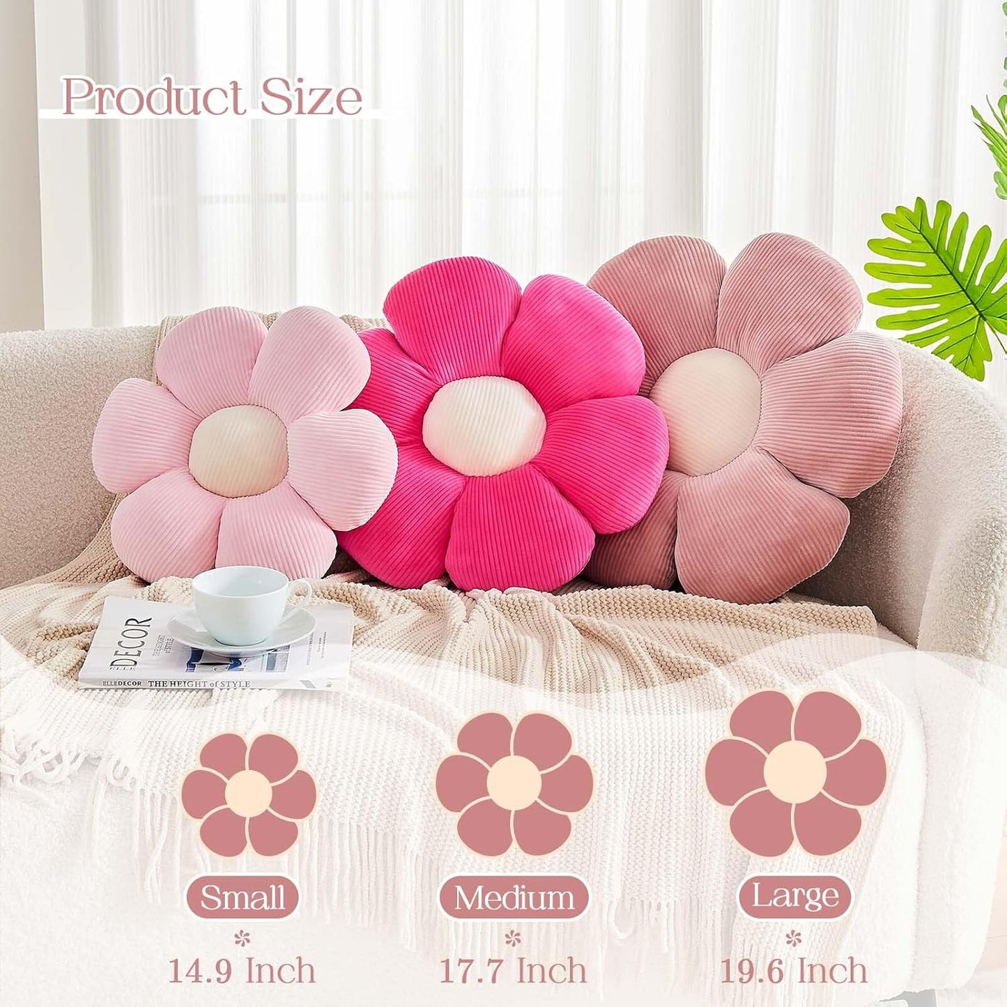 Pink Flower Pillow, 14.9" Cute Flower Shaped Floor Pillow, Aesthetic Floral Plush Daisy Decorative Throw Pillows for Bed Sofa Couch