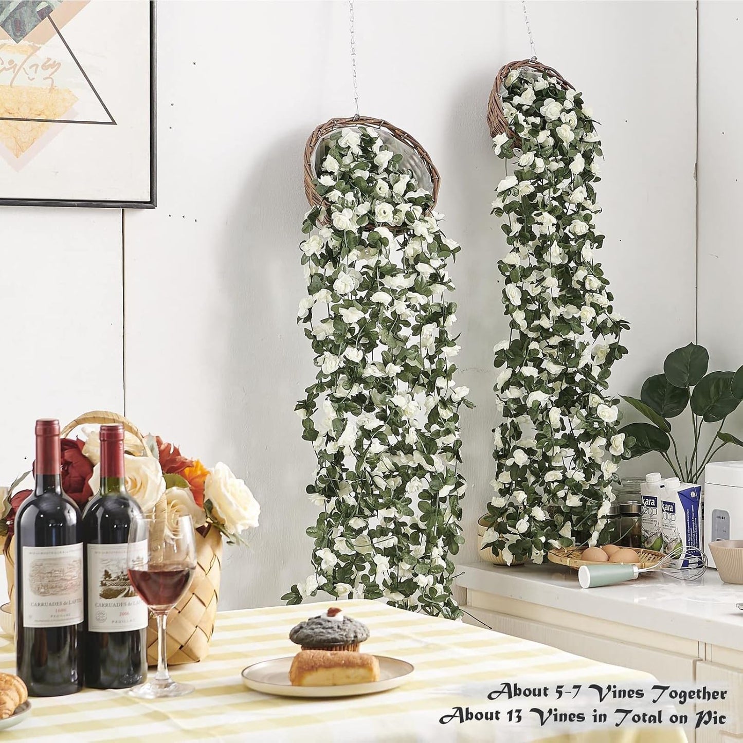 6 Pcs x 8.2 ft Flower Garland Artificial Rose Vine Flowers with Green Leaves Hanging Fake Roses Vine for Room Party Home Wedding Birthday Christmas Wall Arch Decor, Spring White Flower