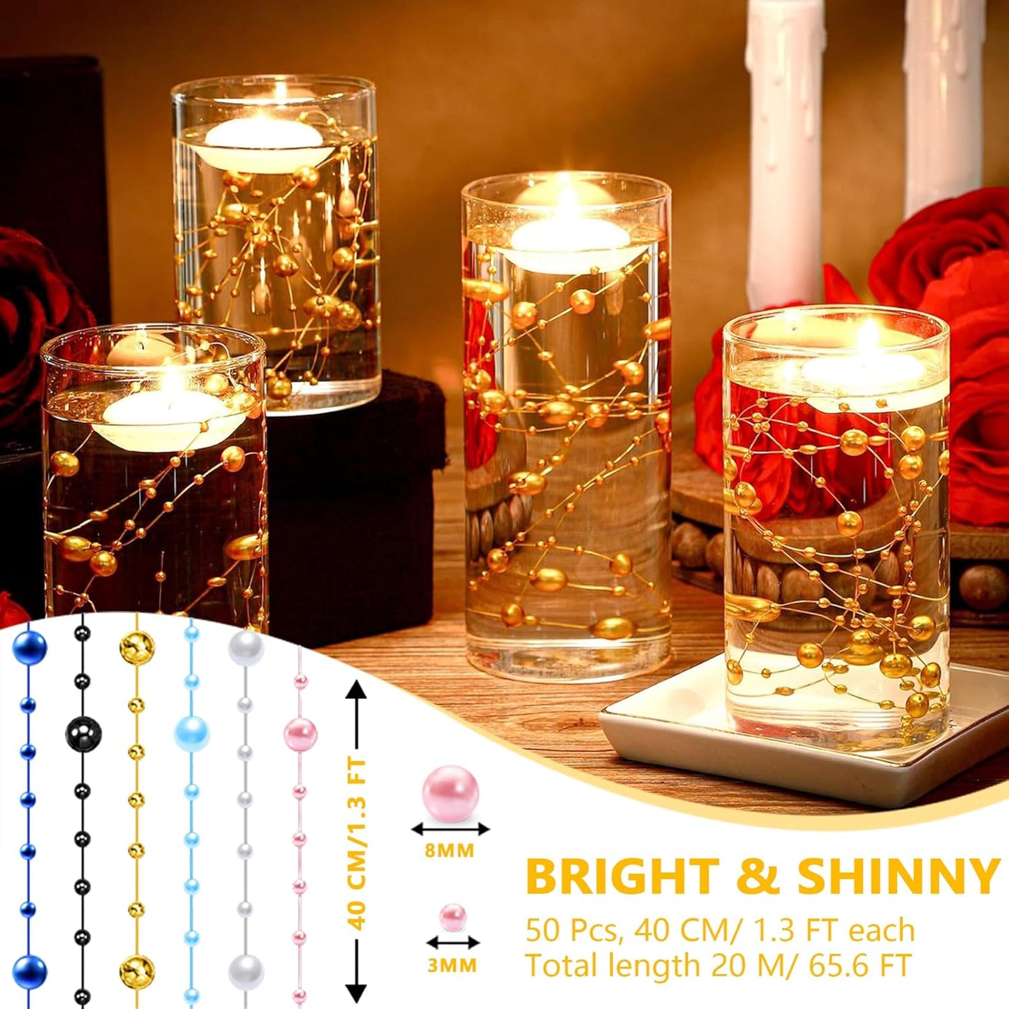 50 PCS Artificial Floating Beads for Centerpieces Vases, Red 8+3mm String Beads for Wedding Party Faux Pearl String for Decorating, String Pearls for Crafts Vase Filler