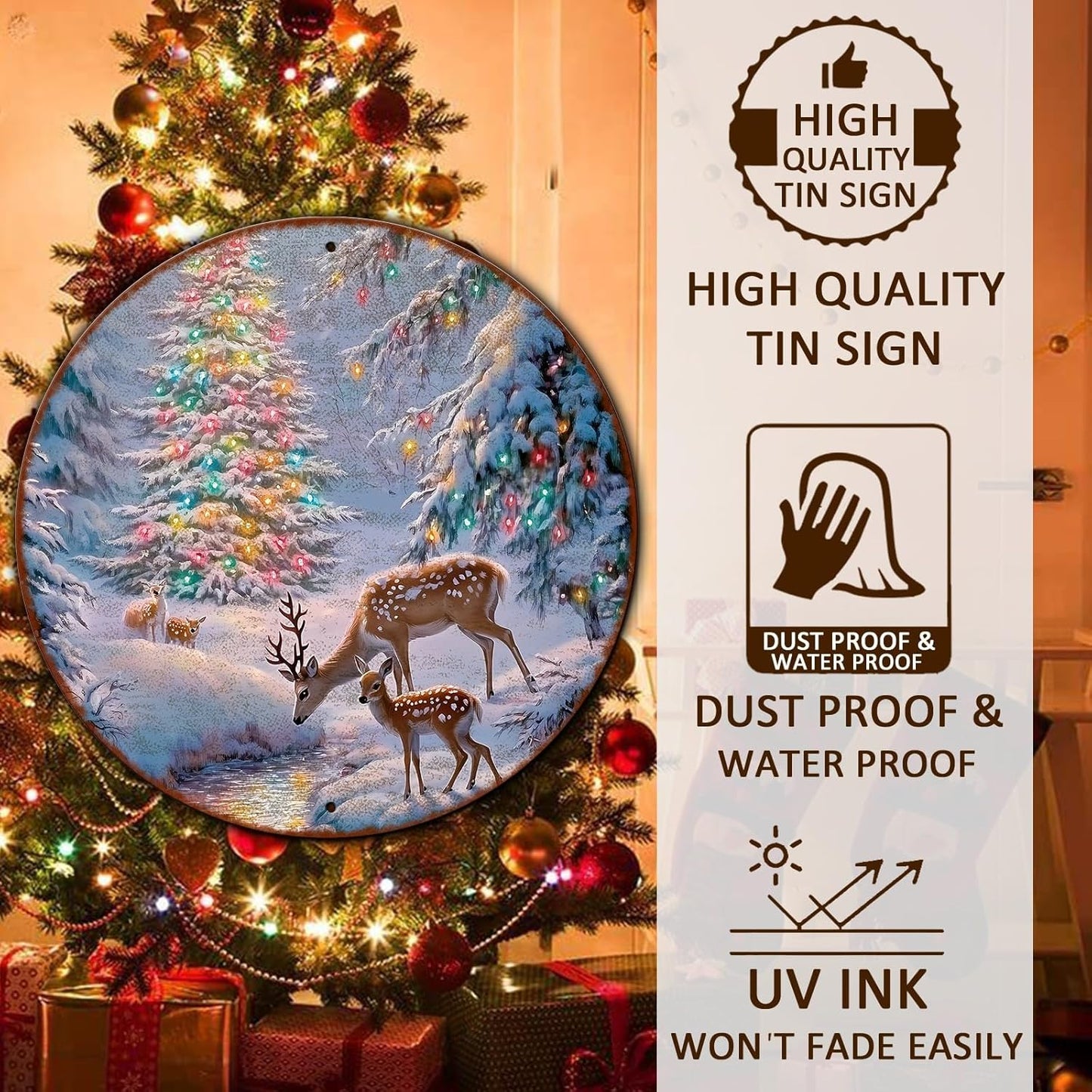 Christmas Tree Decor Round Metal Tin Sign Christmas Deer Vintage Tin Sign for Home Coffee Wall Decor for Christmas Family Wall Decoration 8 * 8 in