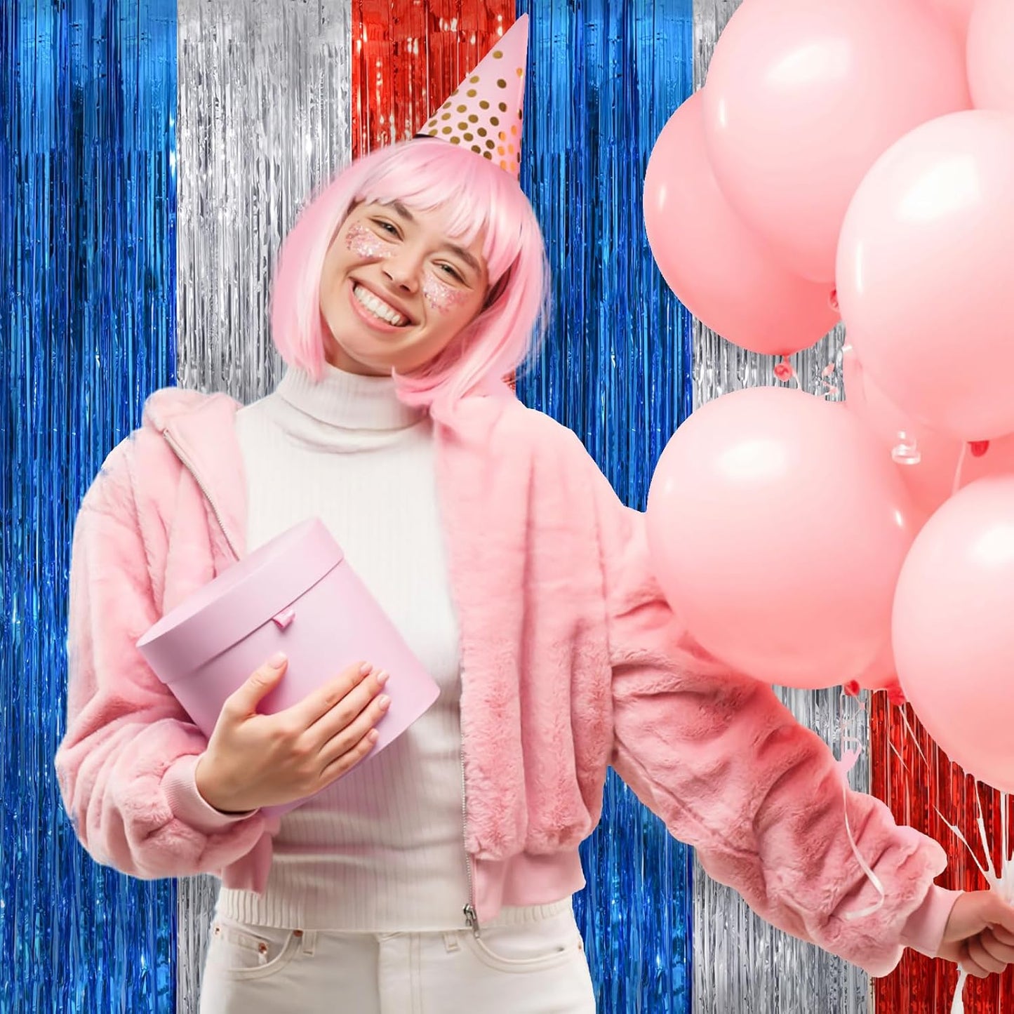 2Pack 3.3 x 8.3Ft Blue Red Silver Foil Fringe Streamers Curtain Metallic Foil Tinsel Fringe Door Streamers for Birthday Wedding Xmas Party Photo Iridescent Blue Streamers Party Decors Streamers