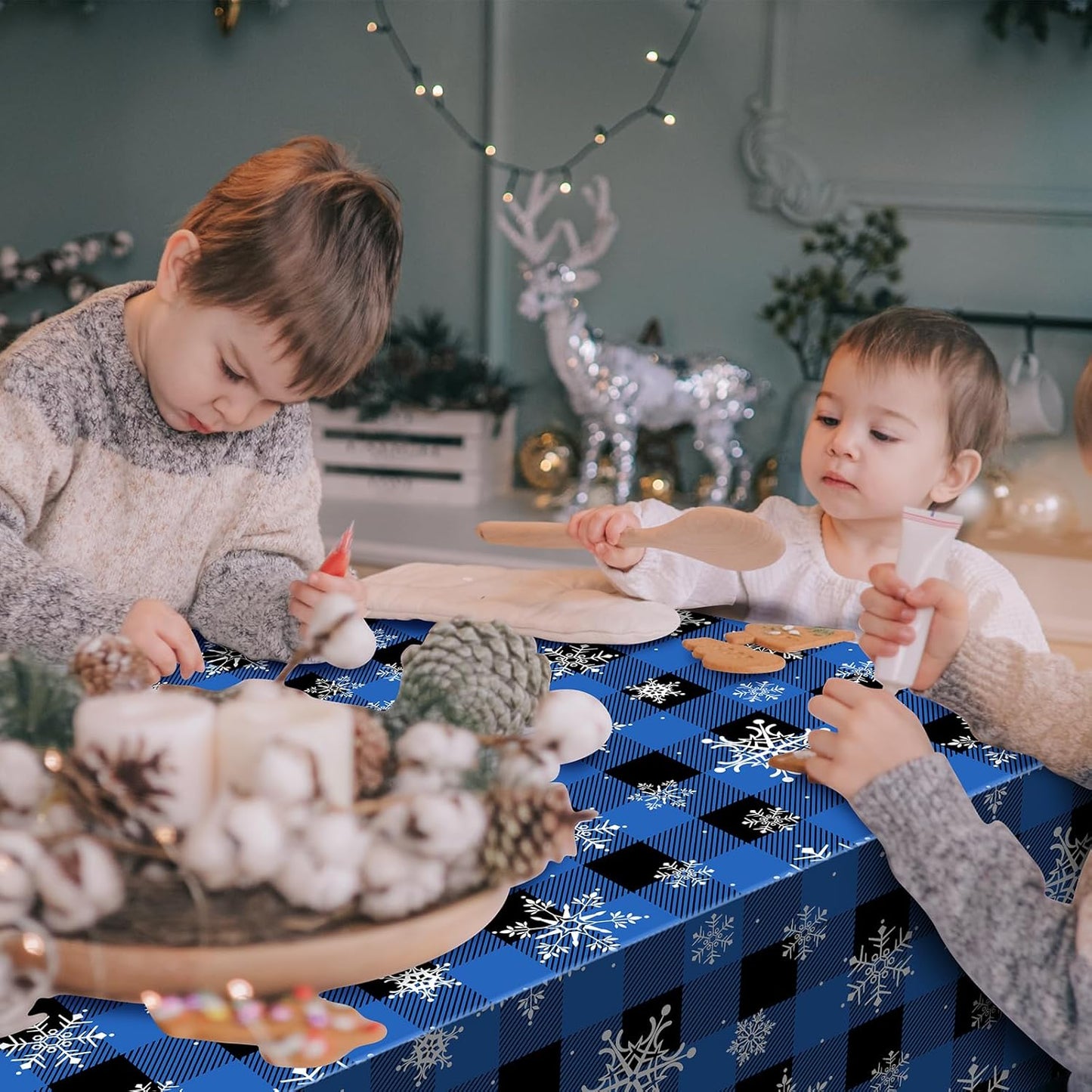 3Pcs Christmas Buffalo Plaid Snowflake Party Tablecloths Decorations,Plastic Black and Navy Blue Checkered Rectangle Table Cover for Winter Christmas Birthday Holiday Party Decorations,54x108 inch