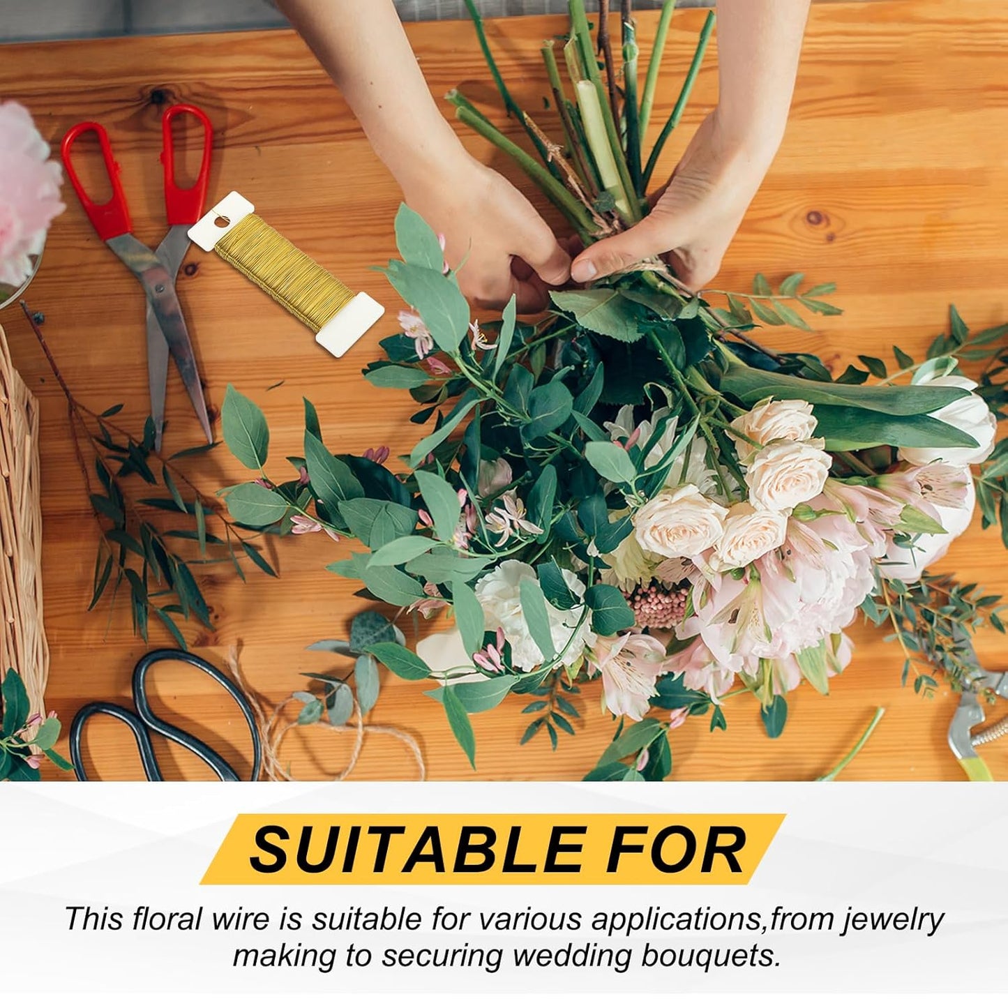 MECCANIXITY 114 Yards/345 Feet 27 Gauge Metal Floral Wire Gold Tone Flexible Paddle Thin Floral Wires for Craft, Christmas Wreath, Flower Arrangement, Wedding, Total 3 Roll