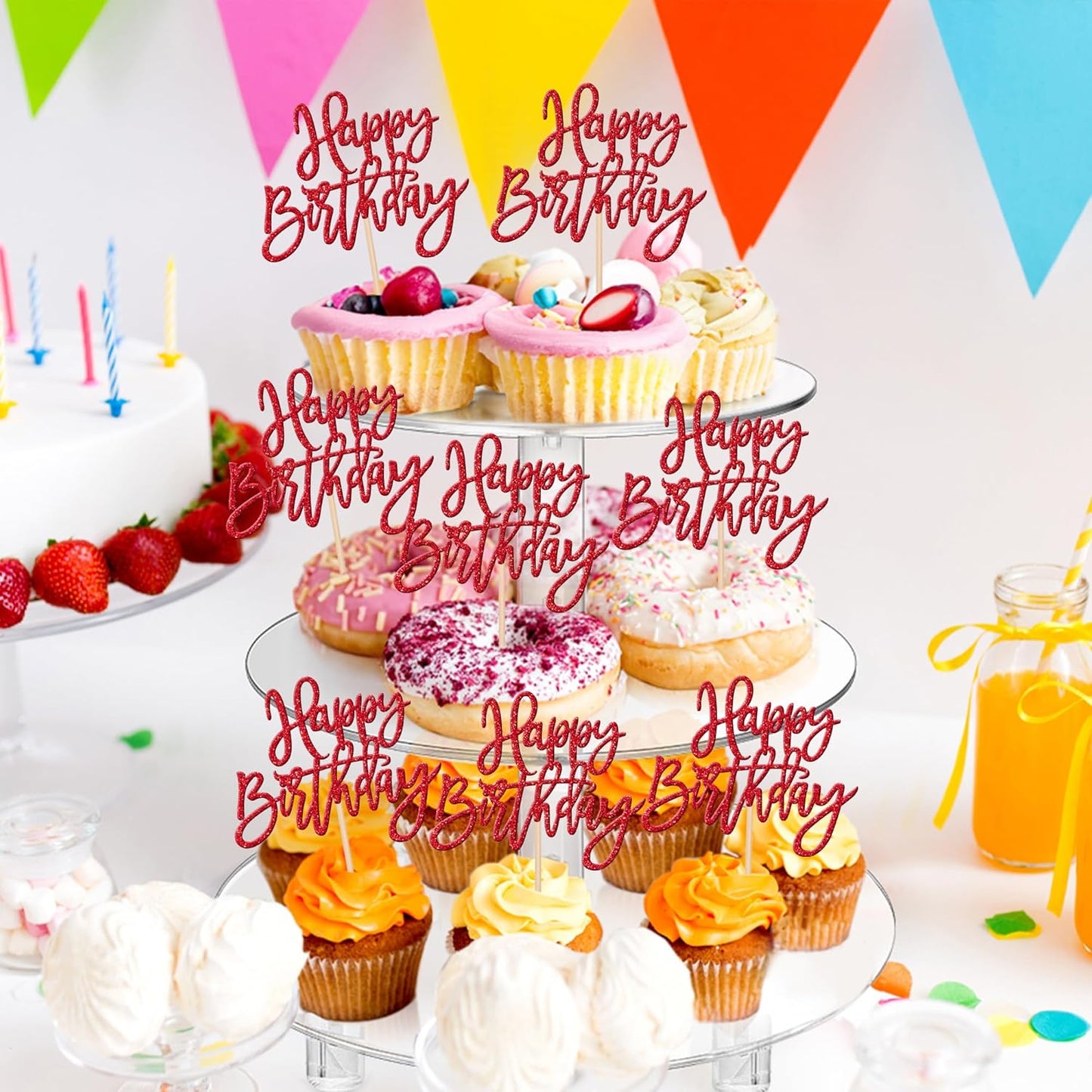 24 PCS Glitter Cupcake Toppers - Happy Birthday & Anniversary Picks - Red