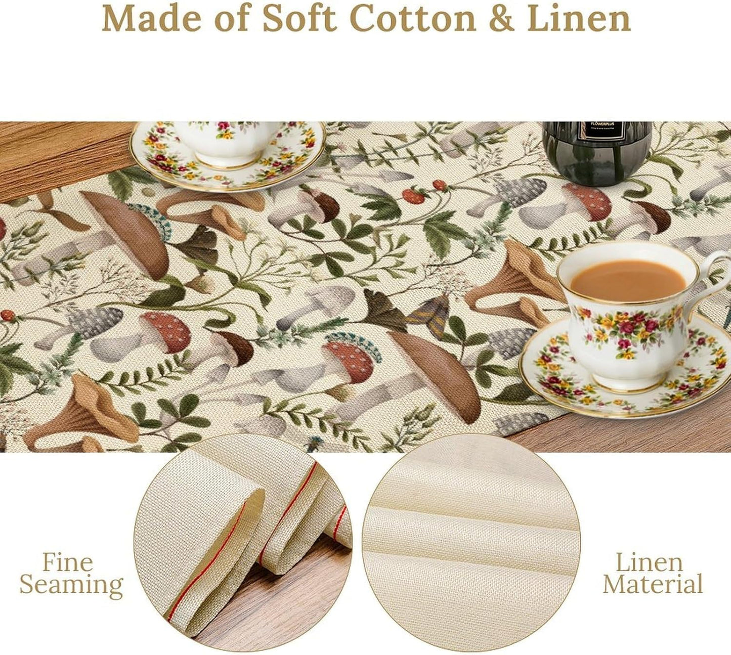 Mushroom Table Runner,Vintage Forest Flower Plant Print Table Runner for Kitchen Dining Table Home Party Decoration 13x90 Inch