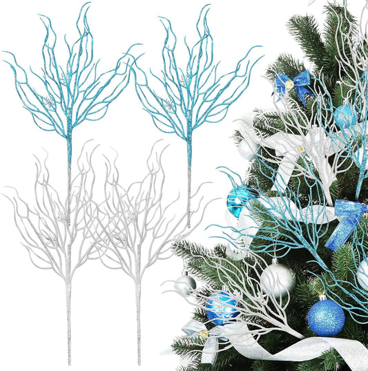 8 Pcs Blue White Coastal Ornaments for Christmas Tree 15.7inch Glitter Coral Beach Ocean Spray Pick Branch Christmas Tree Topper Decorations Filler Twigs for Xmas Vase Wreaths Gift