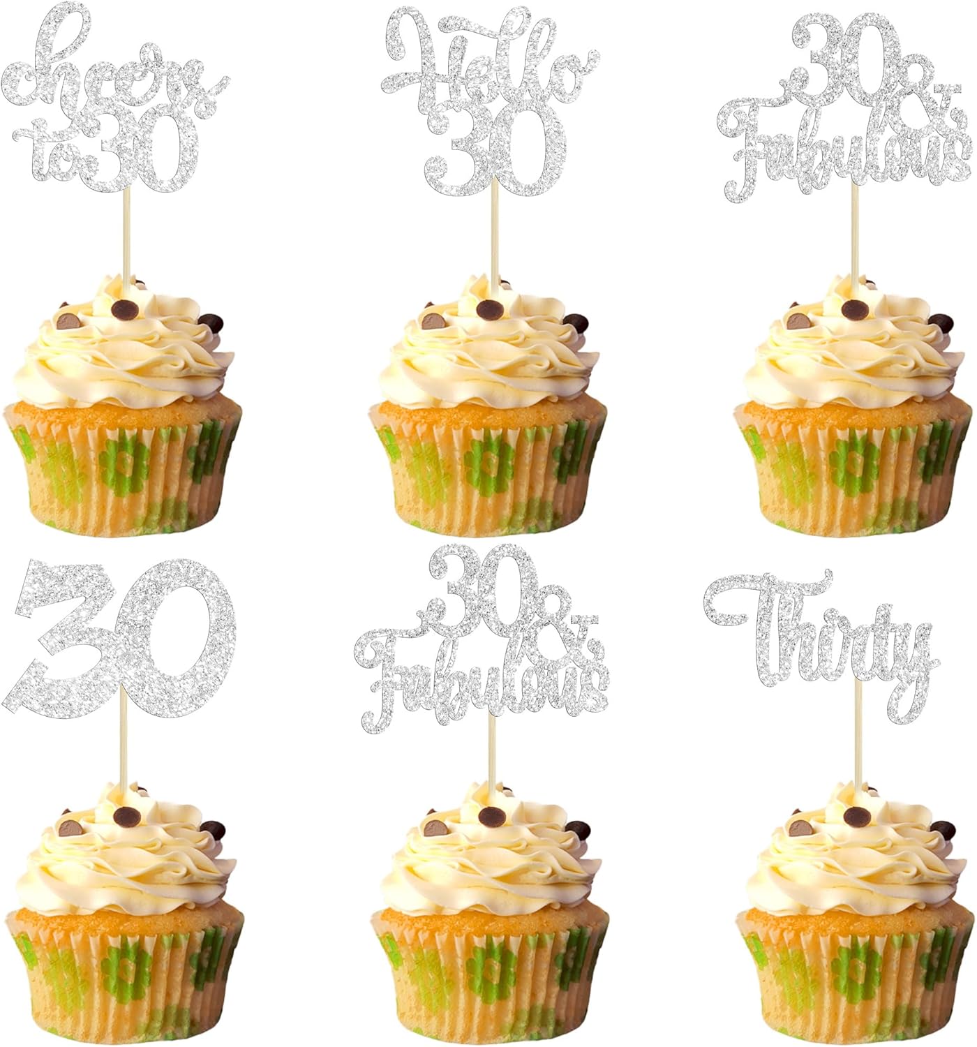 30Pcs Happy 30th Birthday Cupcake Toppers Silver Glitter Thirty Cheers to 30 Birthday Cupcake Picks for Happy 30th Birthday Anniversary Party Cake Decorations Supplies