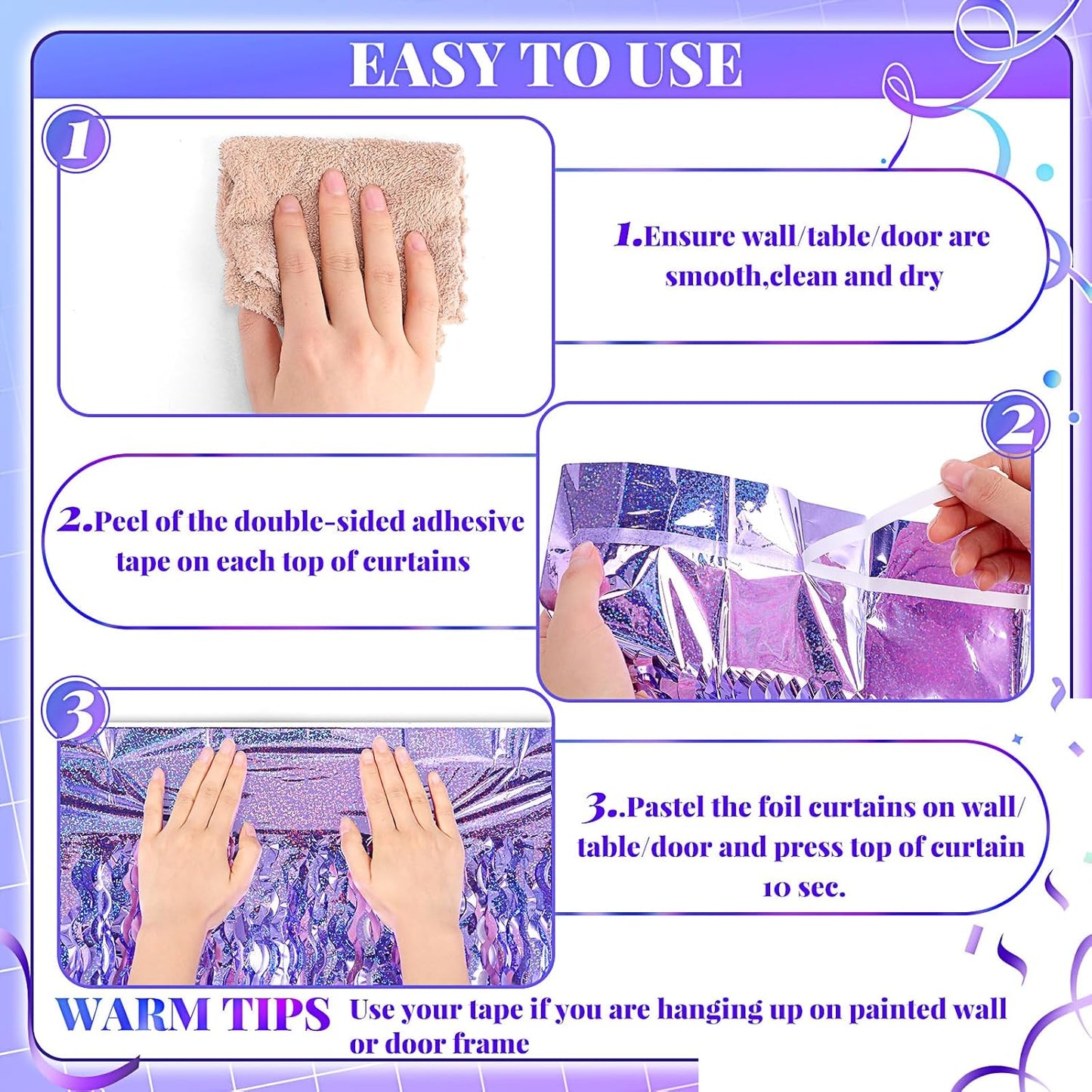 Jutom 6 Pieces 3.3 x 6.6 ft Wavy Tinsel Foil Fringe Curtains Foil Fringe Streamer Backdrop Party Curtain for Sea Mermaid Baby Shower Birthday Party Decoration(Purple)