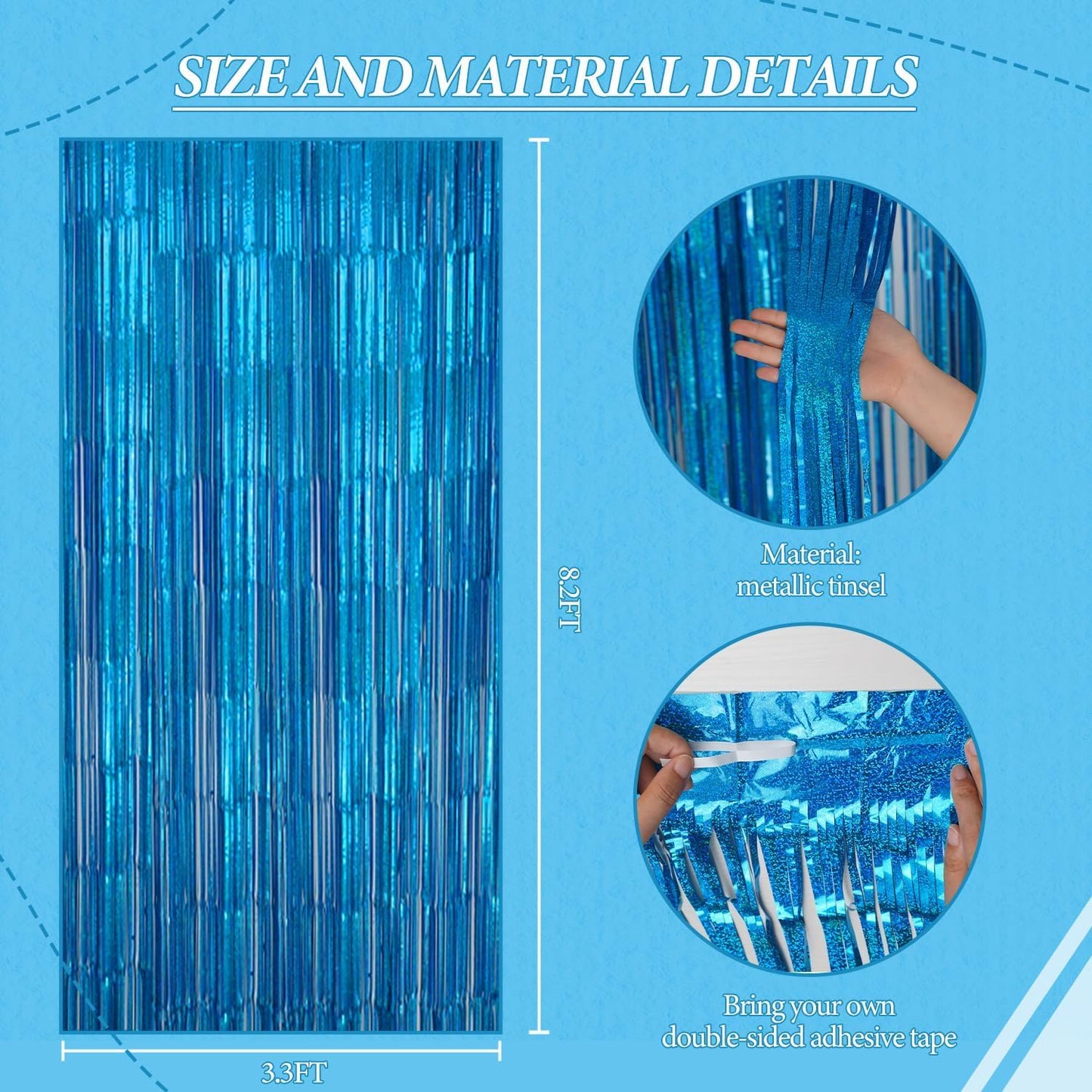 3 Pack Foil Fringe Backdrop - Laser Blue Shiny Tinsel Curtains for Party Decoration/Photo Booth Props - 3.3x8.2 FT Metallic Foil Backdrop for Birthday, Wedding, Graduation, Christmas.