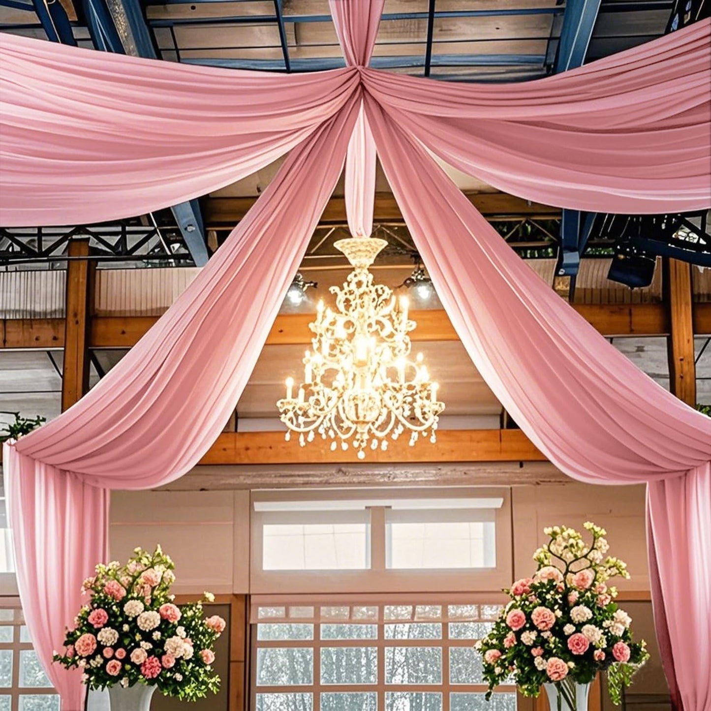 FUHSY 4 Panels Dusty Rose Ceiling Drapes for Wedding Ceiling Drapes 5x20 FT Sheer Ceiling Curtains Arch Draping Fabric Chiffon Drapery Fabric Rose Wedding Ceremony Decorations