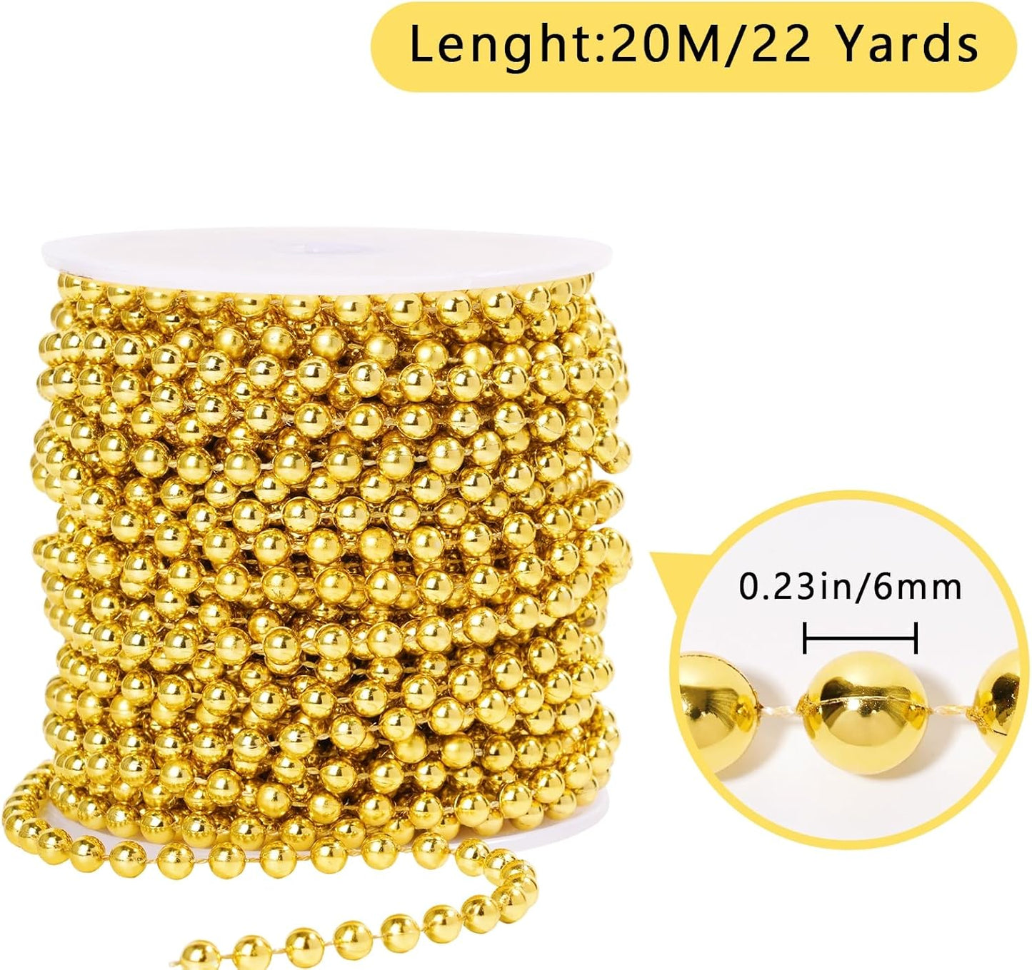 Faux Gold Pearl Beads Garland - 6mm Christmas Tree Beads 22 Yards Spool Pearl String Roll for Wedding Party Christmas Tree Decoration