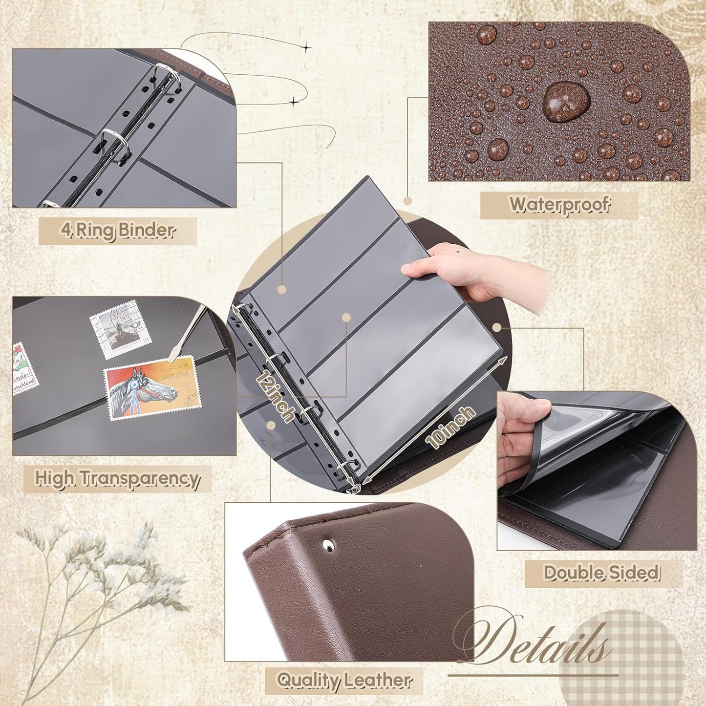 Lewtemi Stamp Collecting Albums Set Stamp Collection Book Include 20 Pages Album Binder Tweezer and Loop Magnifier Collecting Supplies for Collectors(Brown,1/2/3/4 Rows)