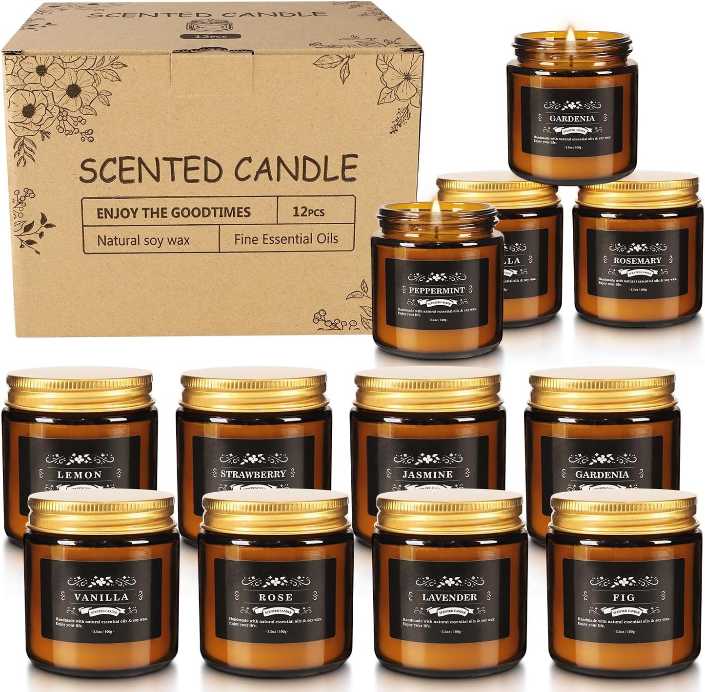 Scented Candle Set 12 Pack, Candle for Home Scented, Odor Eliminating, Stress Relief, Long Lasting Soy Wax Gift Set
