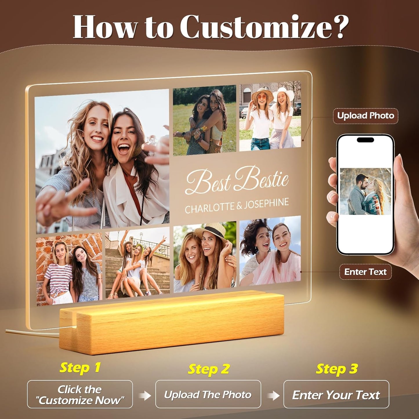 Personalized Picture Frames with Photo, Custom Photo Frame with Night Light, Customized Photo Gifts, Personalized Birthday Gifts for Women, Her, Bestie, Best Friends
