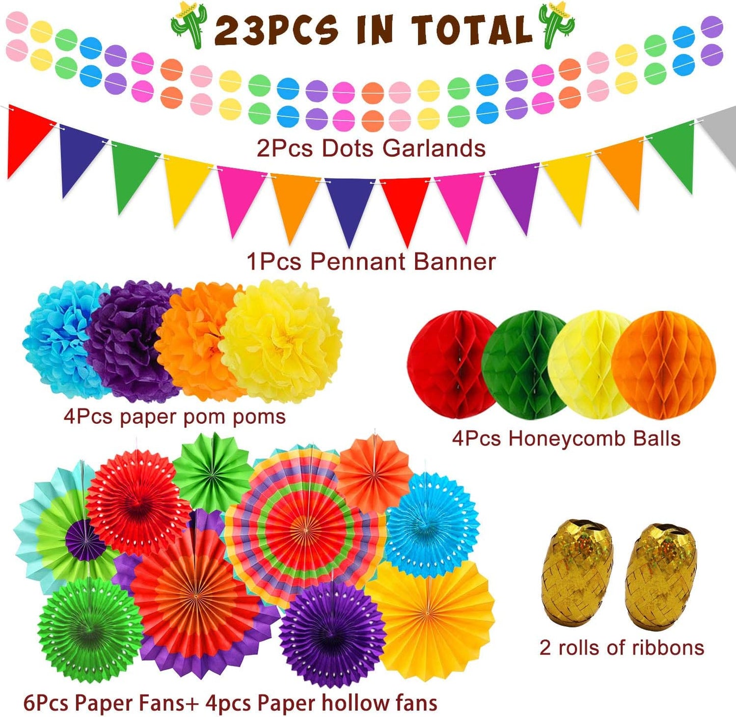 Colorful Birthday Decorations - Mexican Fiesta Party Decorations with Paper Fans, Paper Pom Poms,Dots Garland, Pennant Banner, Honeycomb Balls Packs