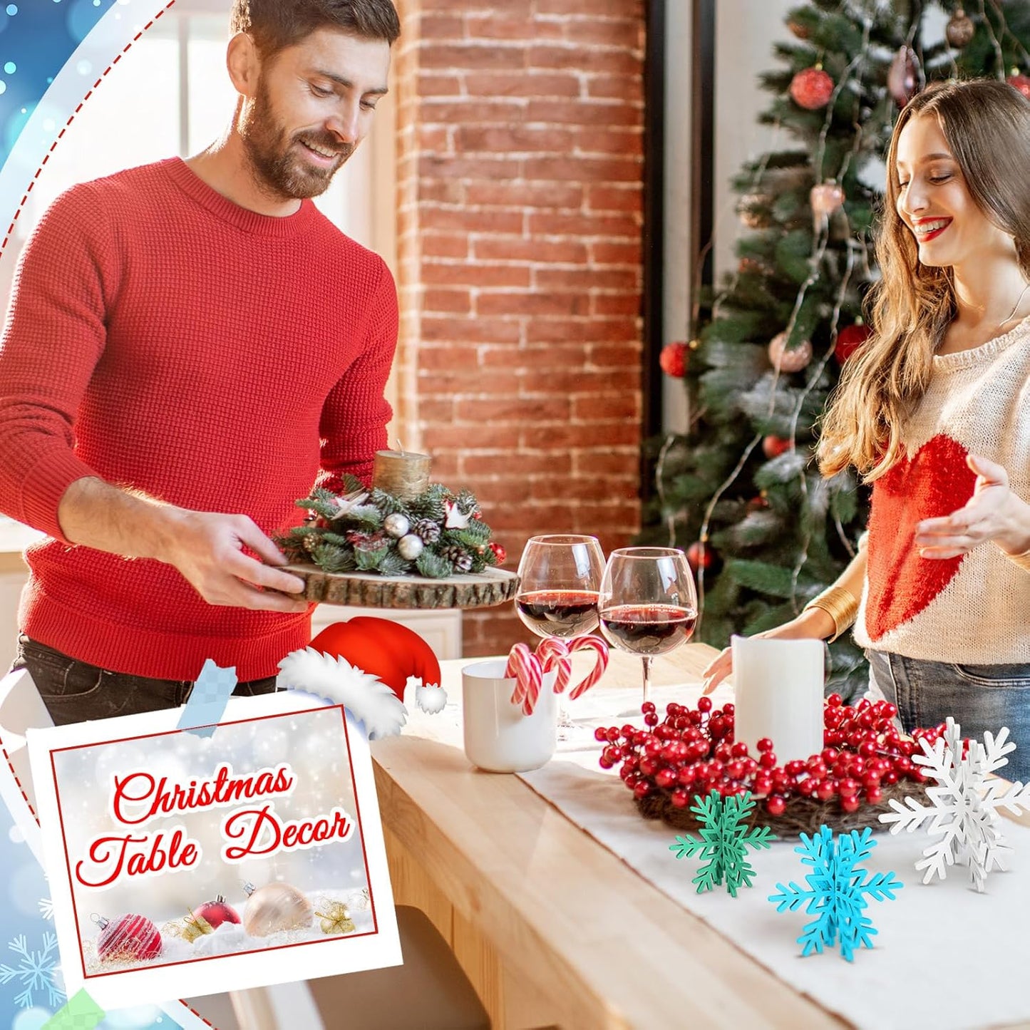 Bucherry 12 Pcs Wooden Snowflake Table Decor 3D Snowflake Tabletop Signs and Centerpiece for Christmas Xmas Winter Wonderland Decorations Home Party(White, Blue, Green)