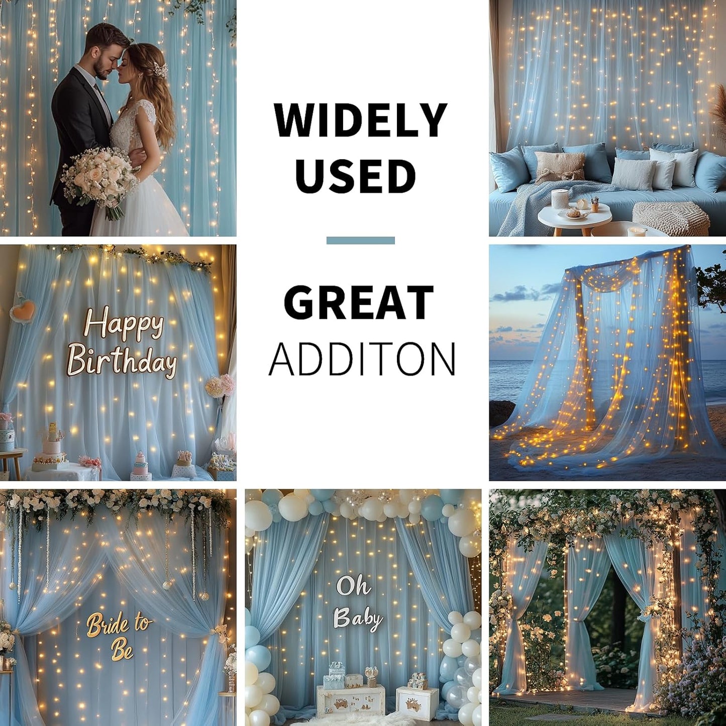 Baby Blue Tulle Backdrop Curtain with Lights String - 10x10ft Sheer Backdrop with 300 LEDs for Wedding, Baby Shower, Bridal Shower, Birthday Party Photo Shoot Background and Home Decorations