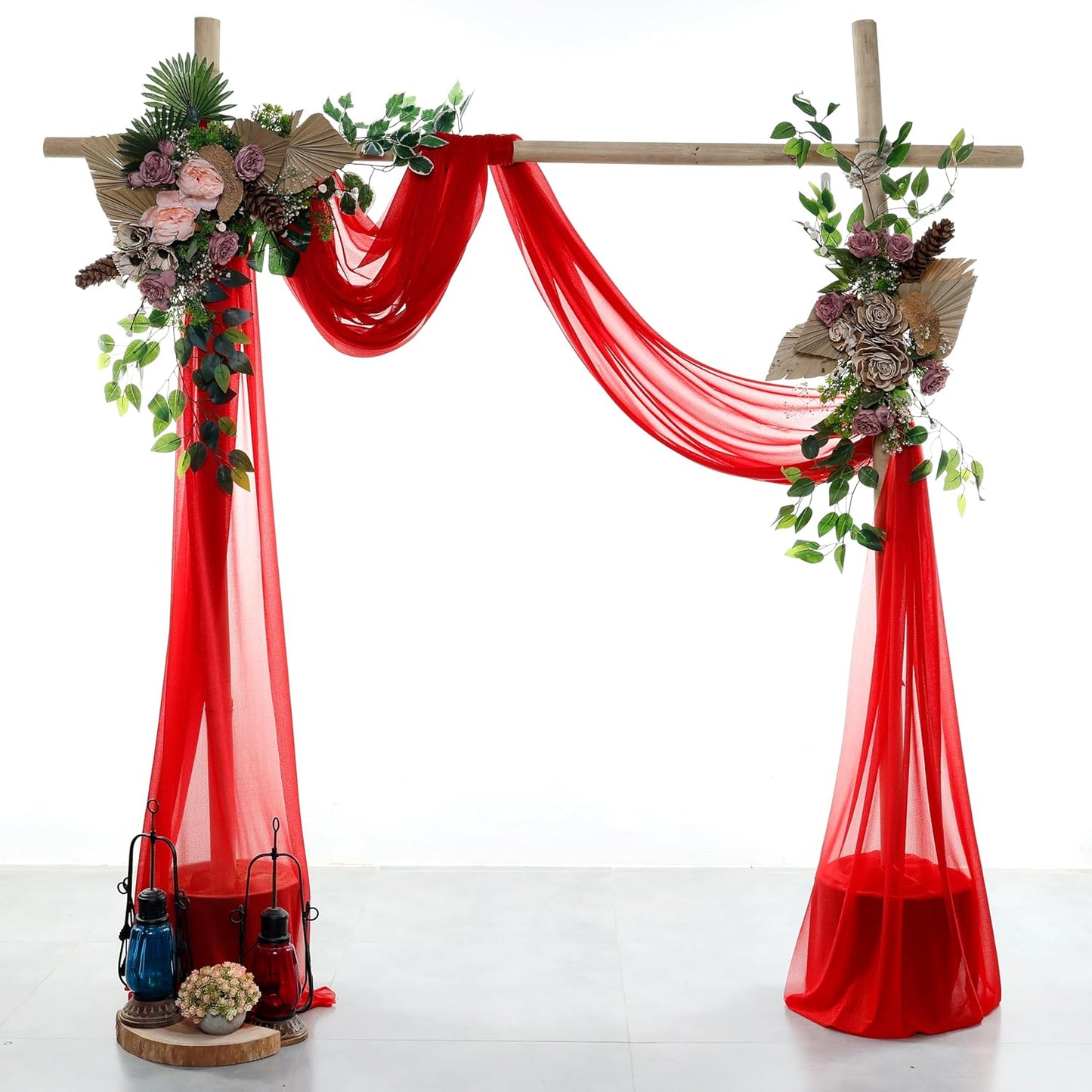 VDS Pack of 2 Panel (30 Inch X 50 Feet) Wedding Arch Draping Fabric Sheer Chiffon Fabric Drapery for Wedding Ceremony Reception Swag Backdrop Canopy Chuppah ARBO Altars Decoration (Red)